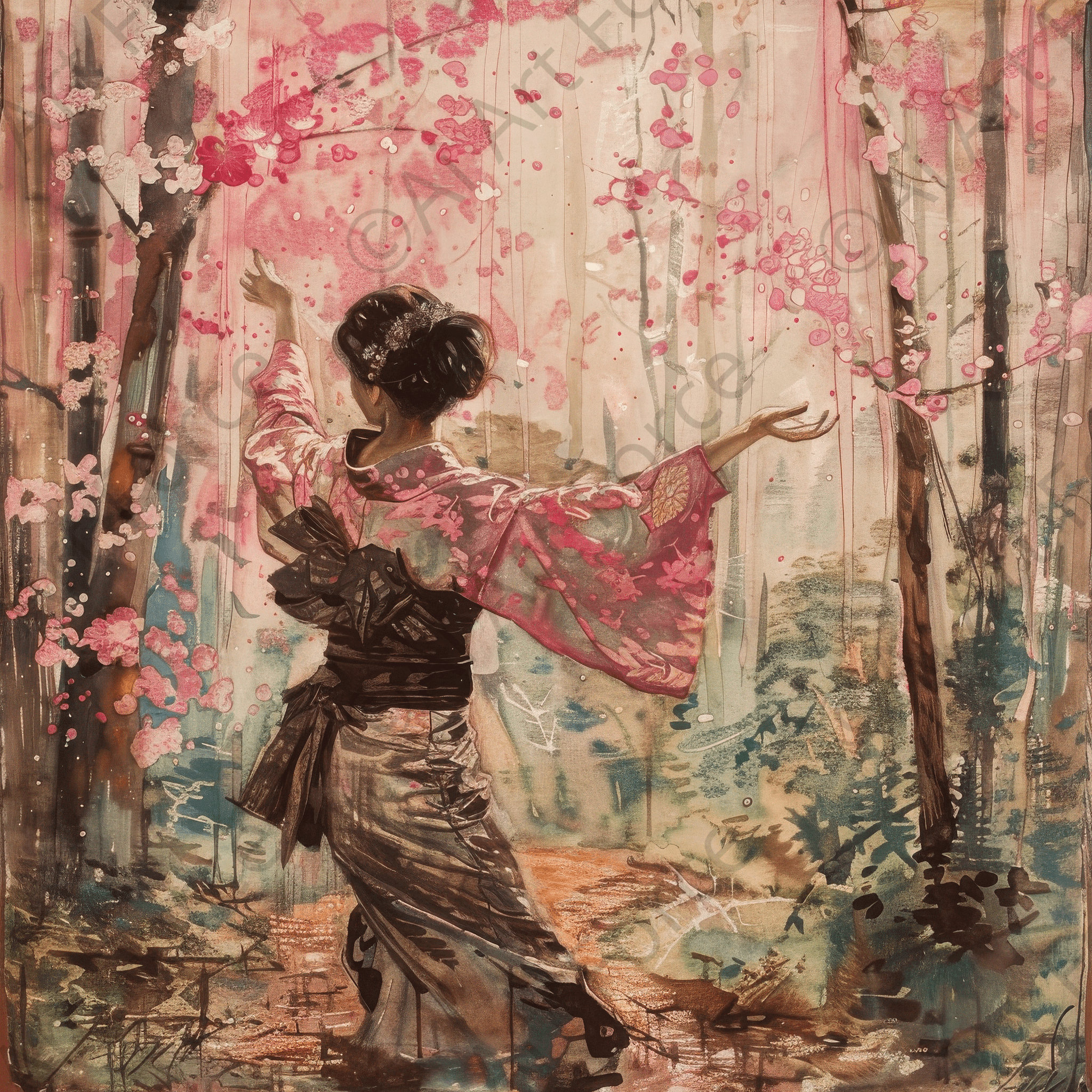 Digital Ai Artwork, of Impressionism Japanese woman dancing in authentic cloathes 2, ideal for art enthusiasts and collectors.