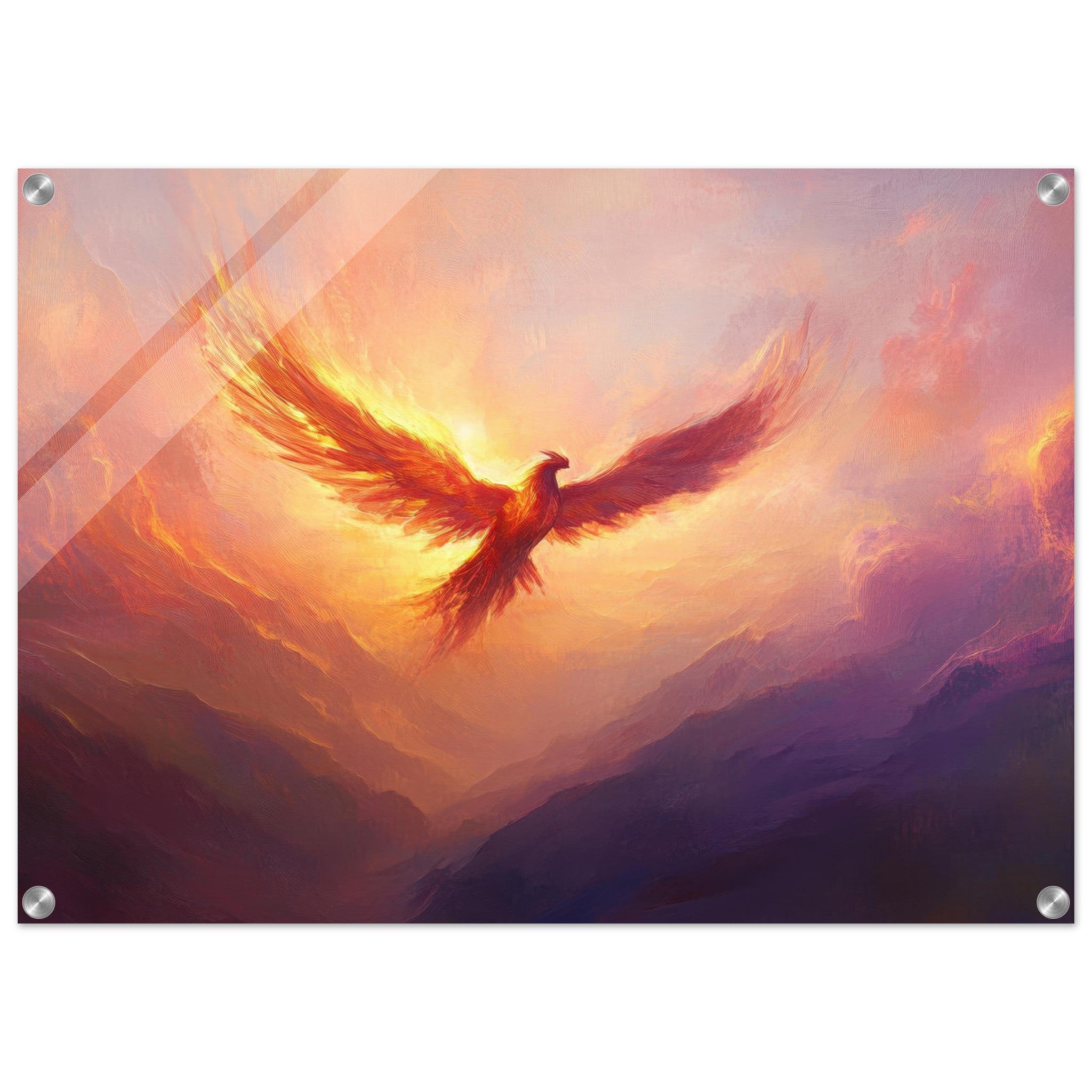 Acrylic Print Landscape - A celestial phoenix soars above a misty valley - Shop Ai Art WebShop - Digital Art online Store