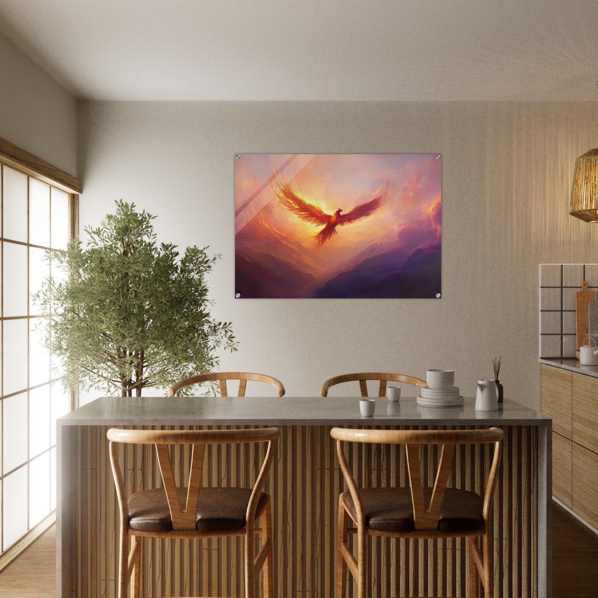 Acrylic Print Landscape - A celestial phoenix soars above a misty valley - Shop Ai Art WebShop - Digital Art online Store