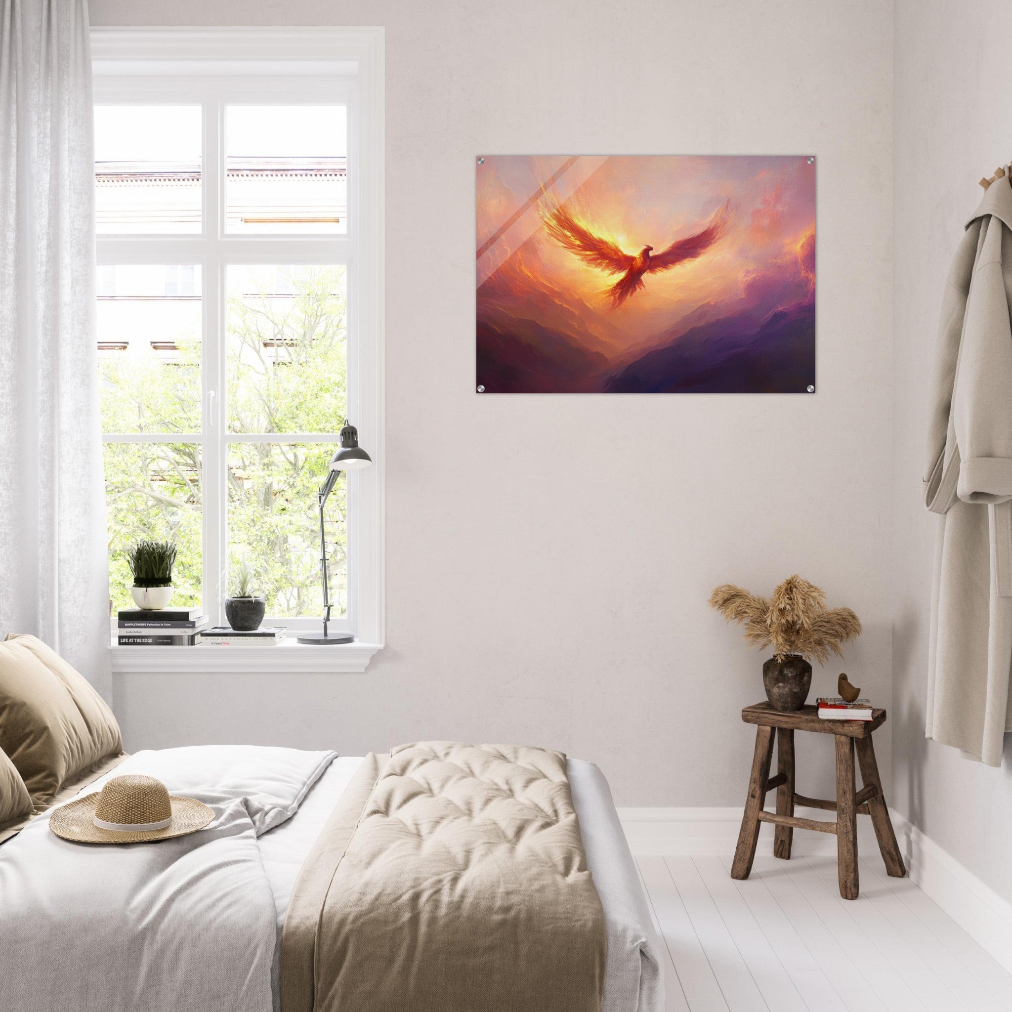 Acrylic Print Landscape - A celestial phoenix soars above a misty valley - Shop Ai Art WebShop - Digital Art online Store