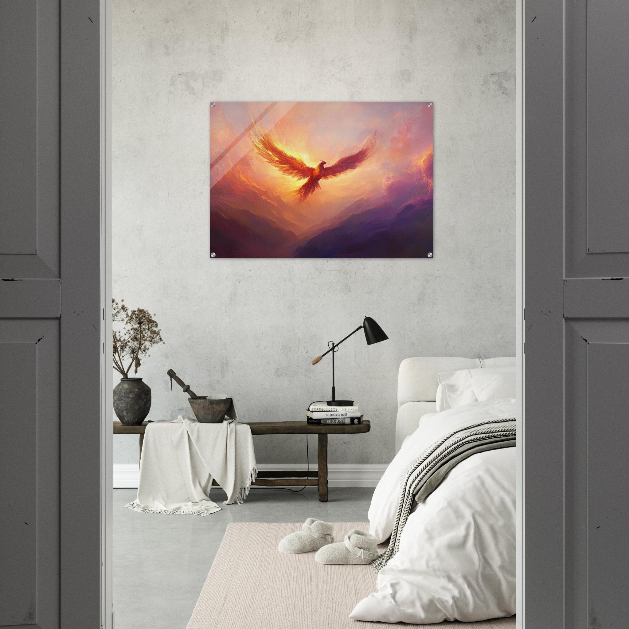 Acrylic Print Landscape - A celestial phoenix soars above a misty valley - Shop Ai Art WebShop - Digital Art online Store