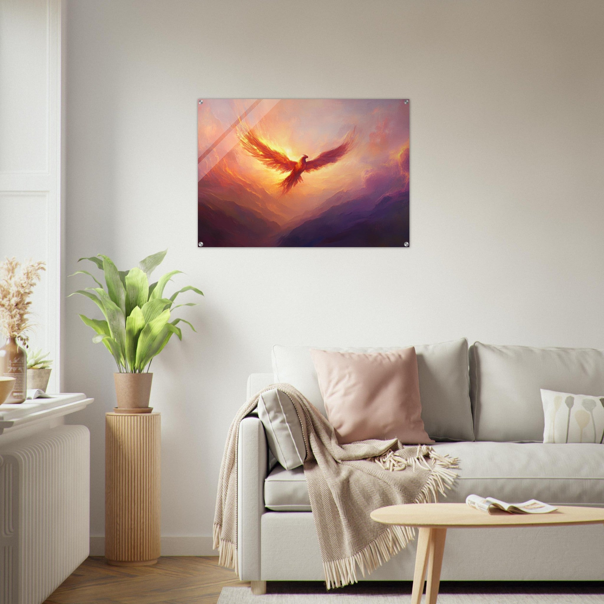Acrylic Print Landscape - A celestial phoenix soars above a misty valley - Shop Ai Art WebShop - Digital Art online Store