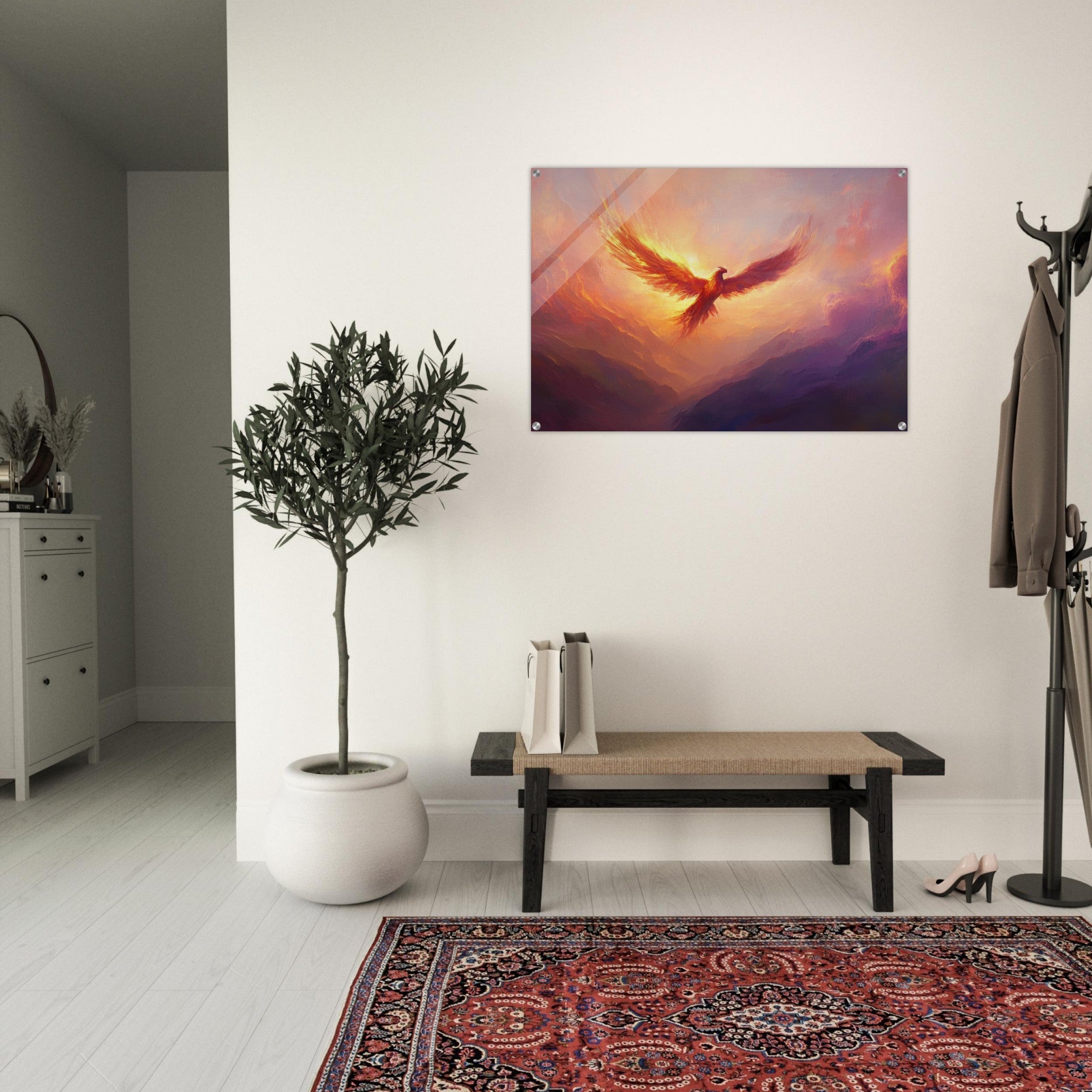 Acrylic Print Landscape - A celestial phoenix soars above a misty valley - Shop Ai Art WebShop - Digital Art online Store