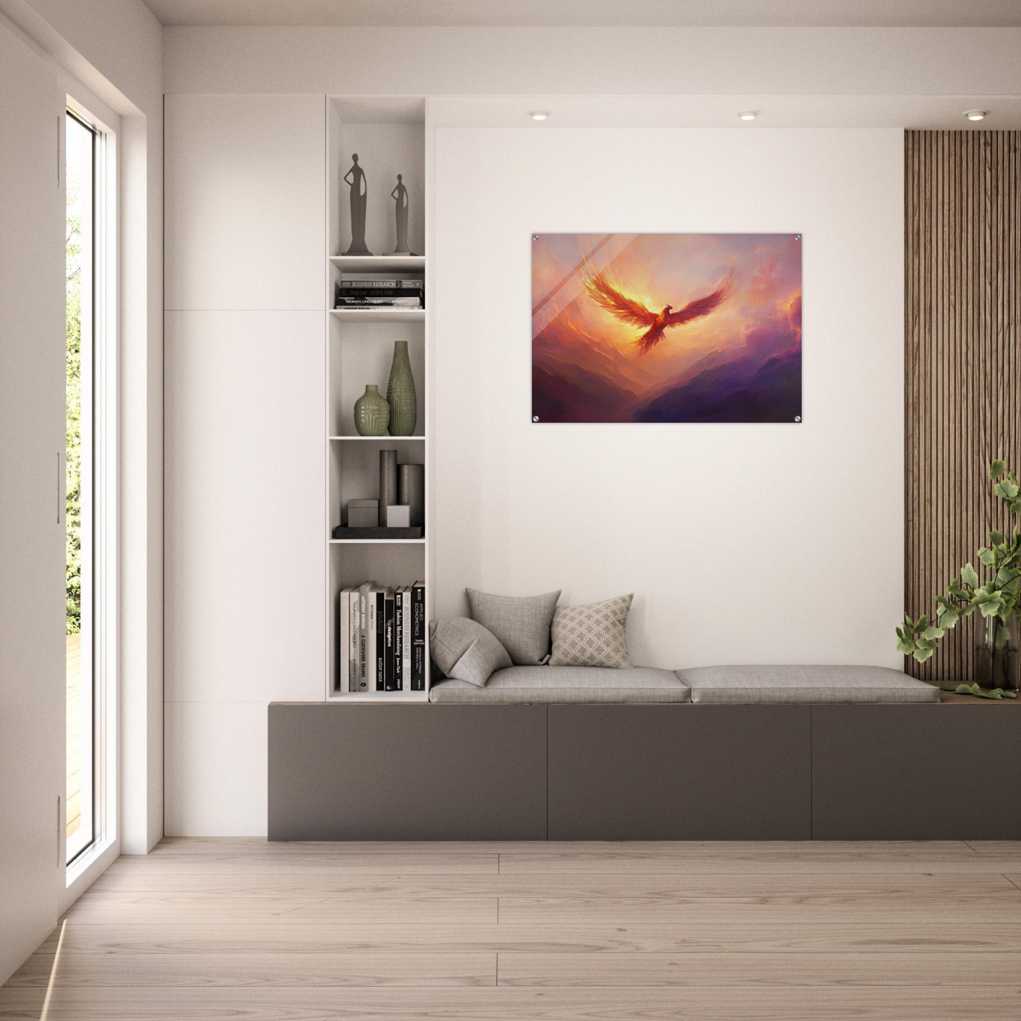 Acrylic Print Landscape - A celestial phoenix soars above a misty valley - Shop Ai Art WebShop - Digital Art online Store