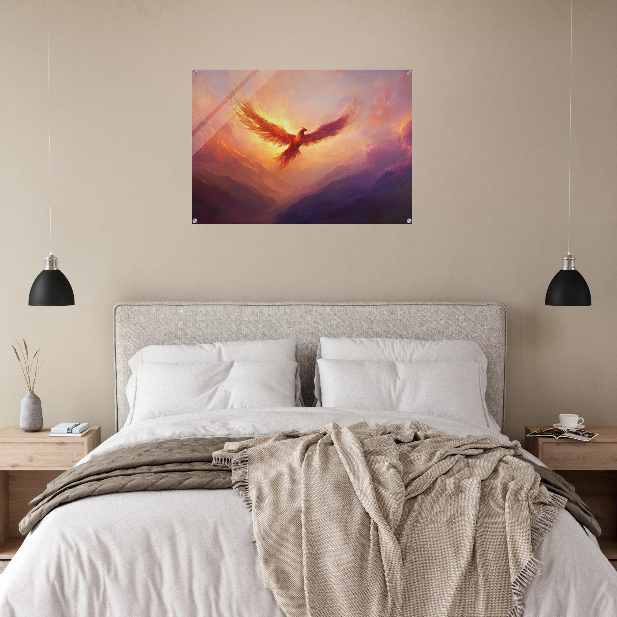 Acrylic Print Landscape - A celestial phoenix soars above a misty valley - Shop Ai Art WebShop - Digital Art online Store