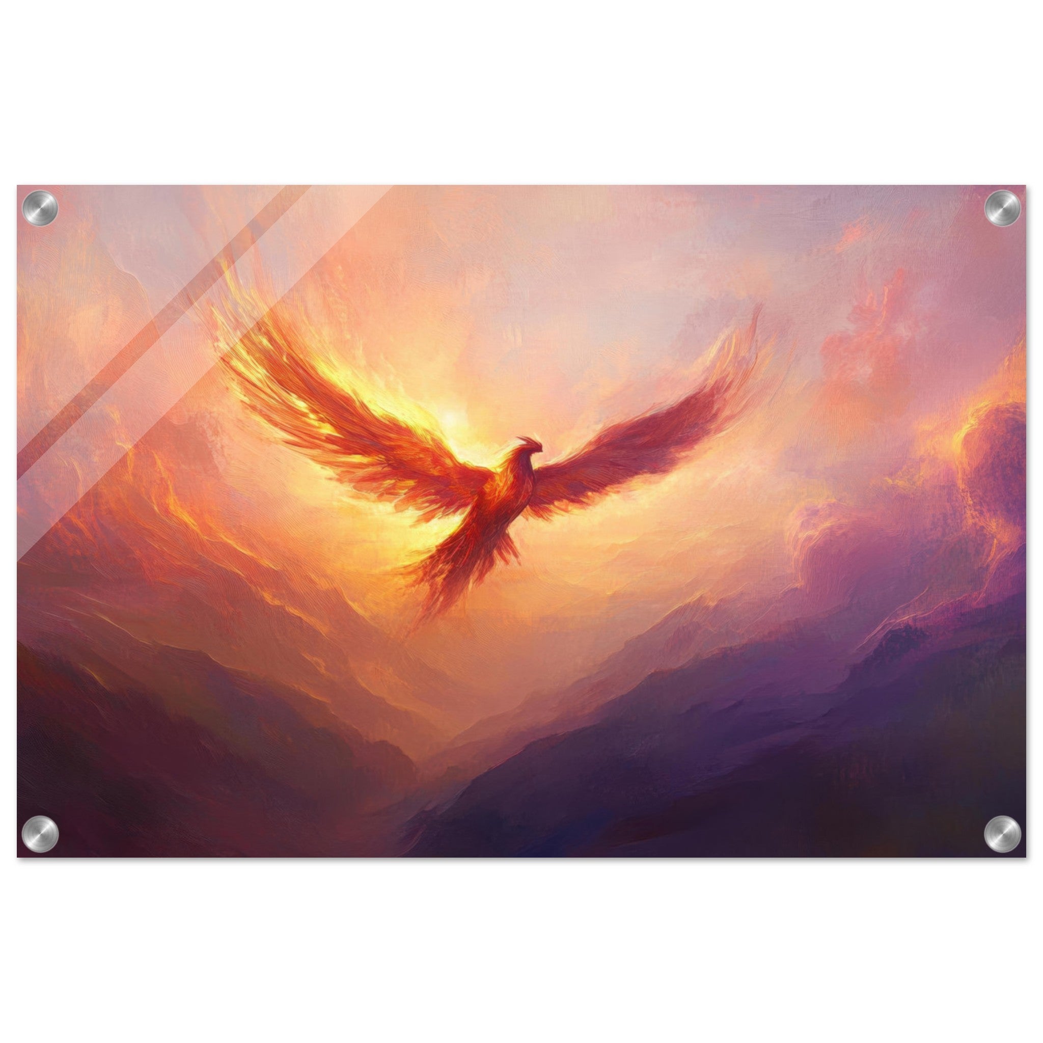 Acrylic Print Landscape - A celestial phoenix soars above a misty valley - Shop Ai Art WebShop - Digital Art online Store