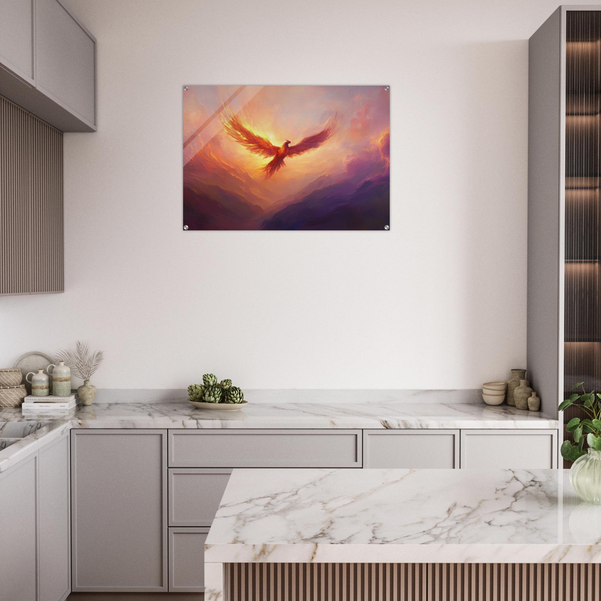 Acrylic Print Landscape - A celestial phoenix soars above a misty valley - Shop Ai Art WebShop - Digital Art online Store