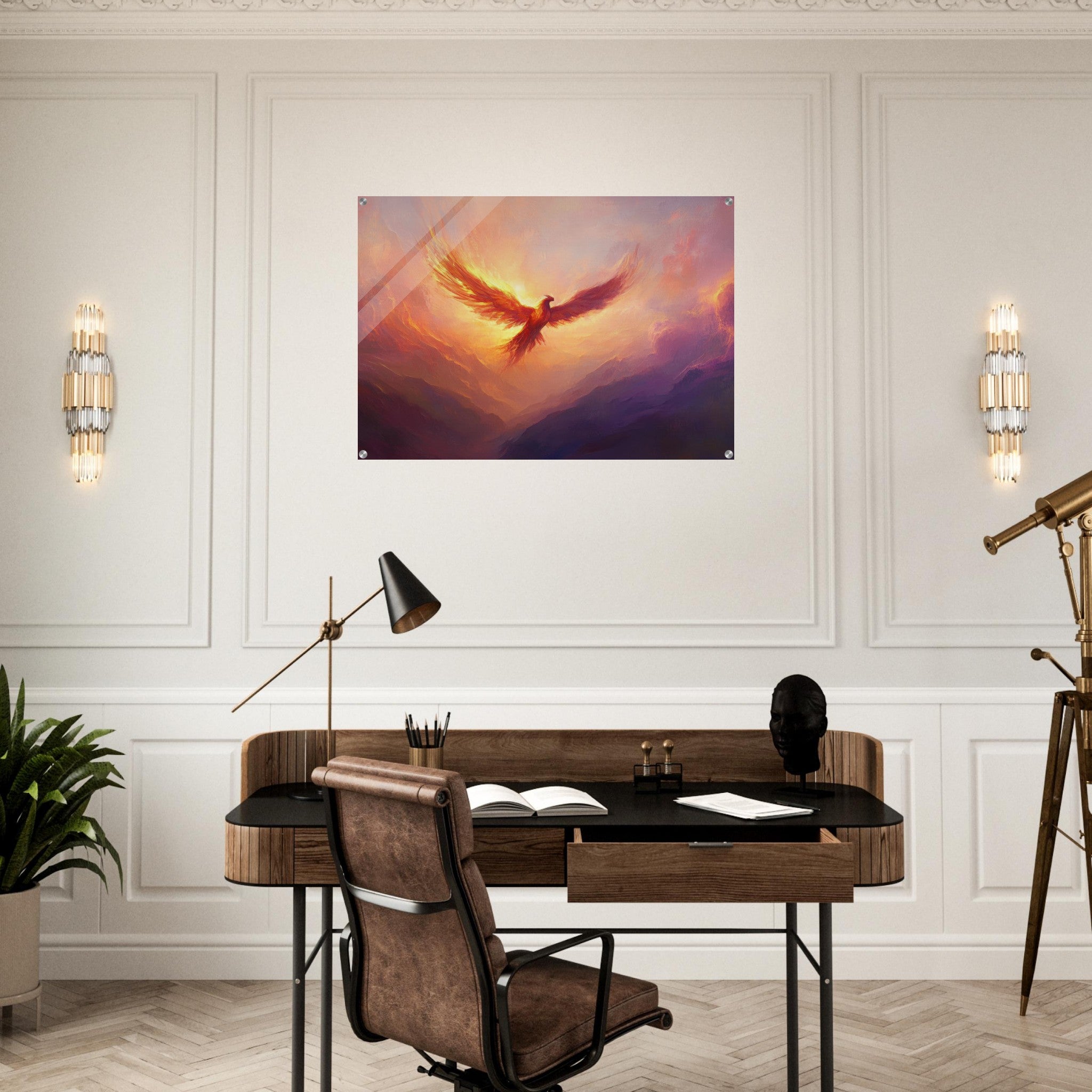 Acrylic Print Landscape - A celestial phoenix soars above a misty valley - Shop Ai Art WebShop - Digital Art online Store