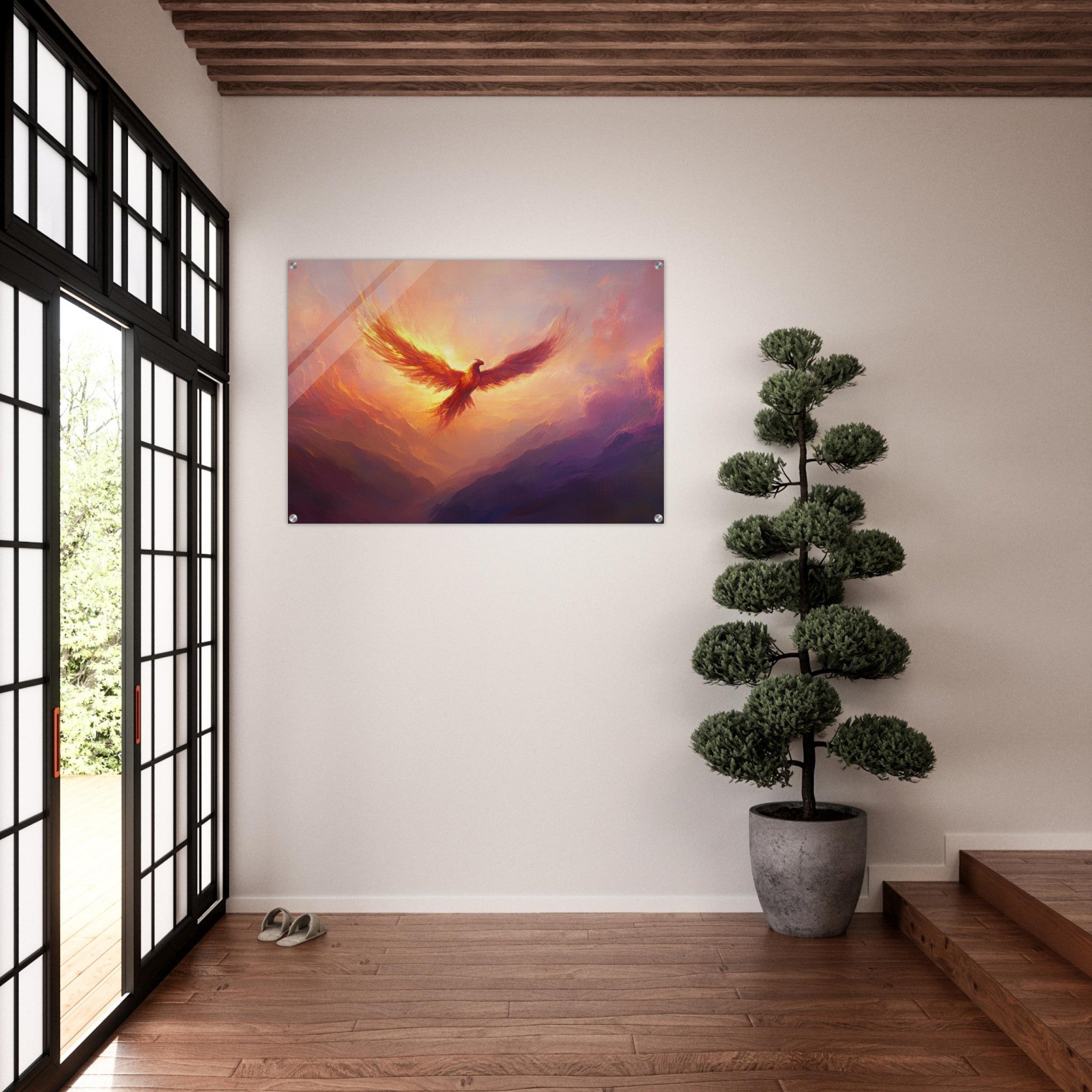 Acrylic Print Landscape - A celestial phoenix soars above a misty valley - Shop Ai Art WebShop - Digital Art online Store