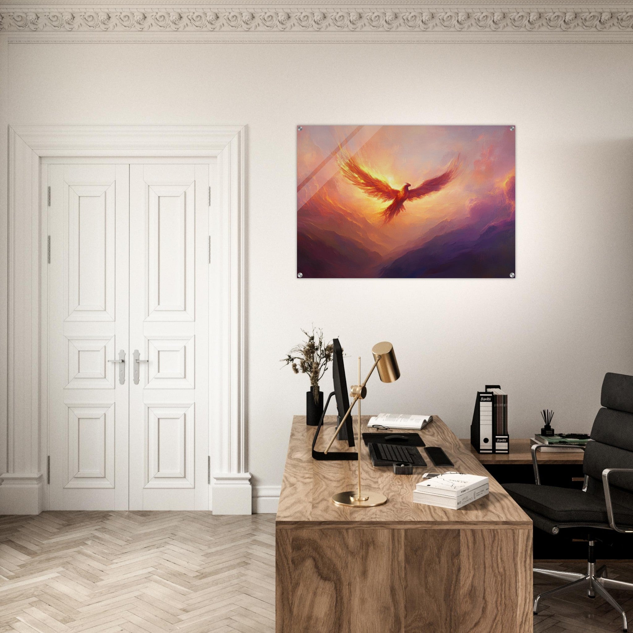 Acrylic Print Landscape - A celestial phoenix soars above a misty valley - Shop Ai Art WebShop - Digital Art online Store