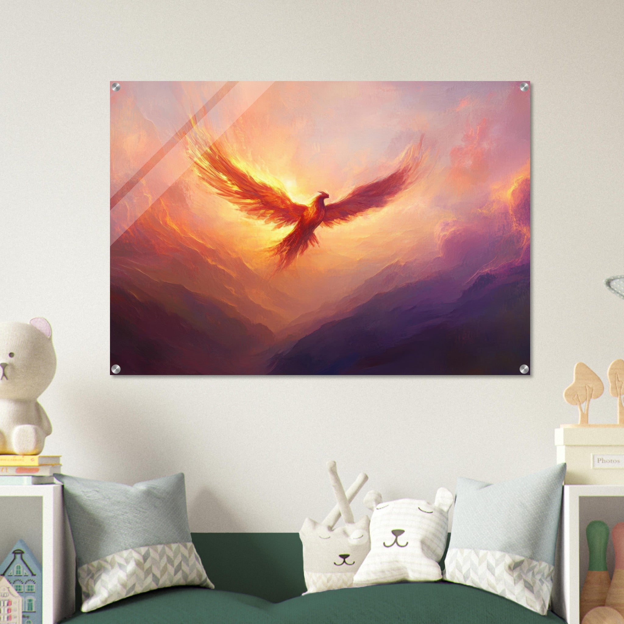 Acrylic Print Landscape - A celestial phoenix soars above a misty valley - Shop Ai Art WebShop - Digital Art online Store