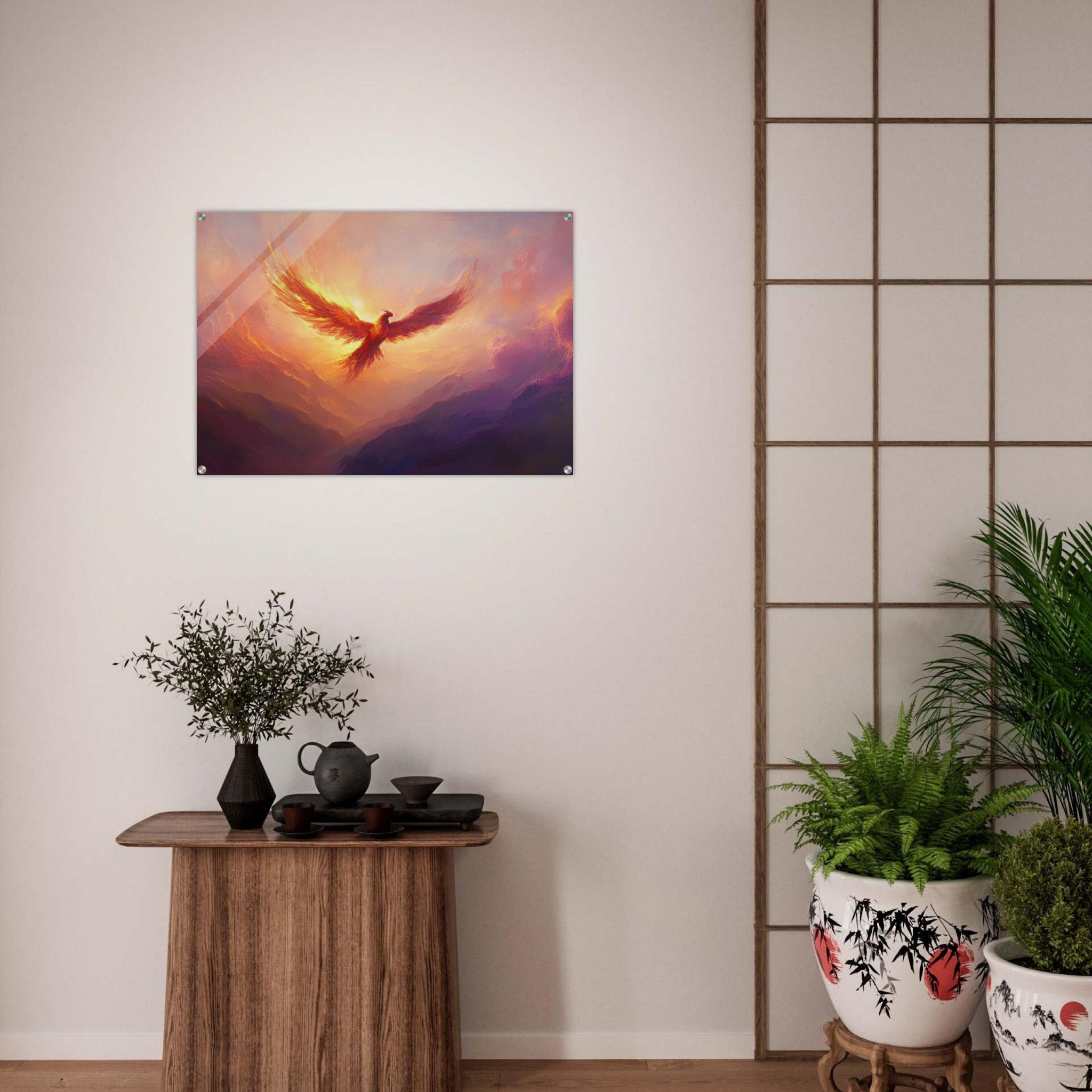 Acrylic Print Landscape - A celestial phoenix soars above a misty valley - Shop Ai Art WebShop - Digital Art online Store