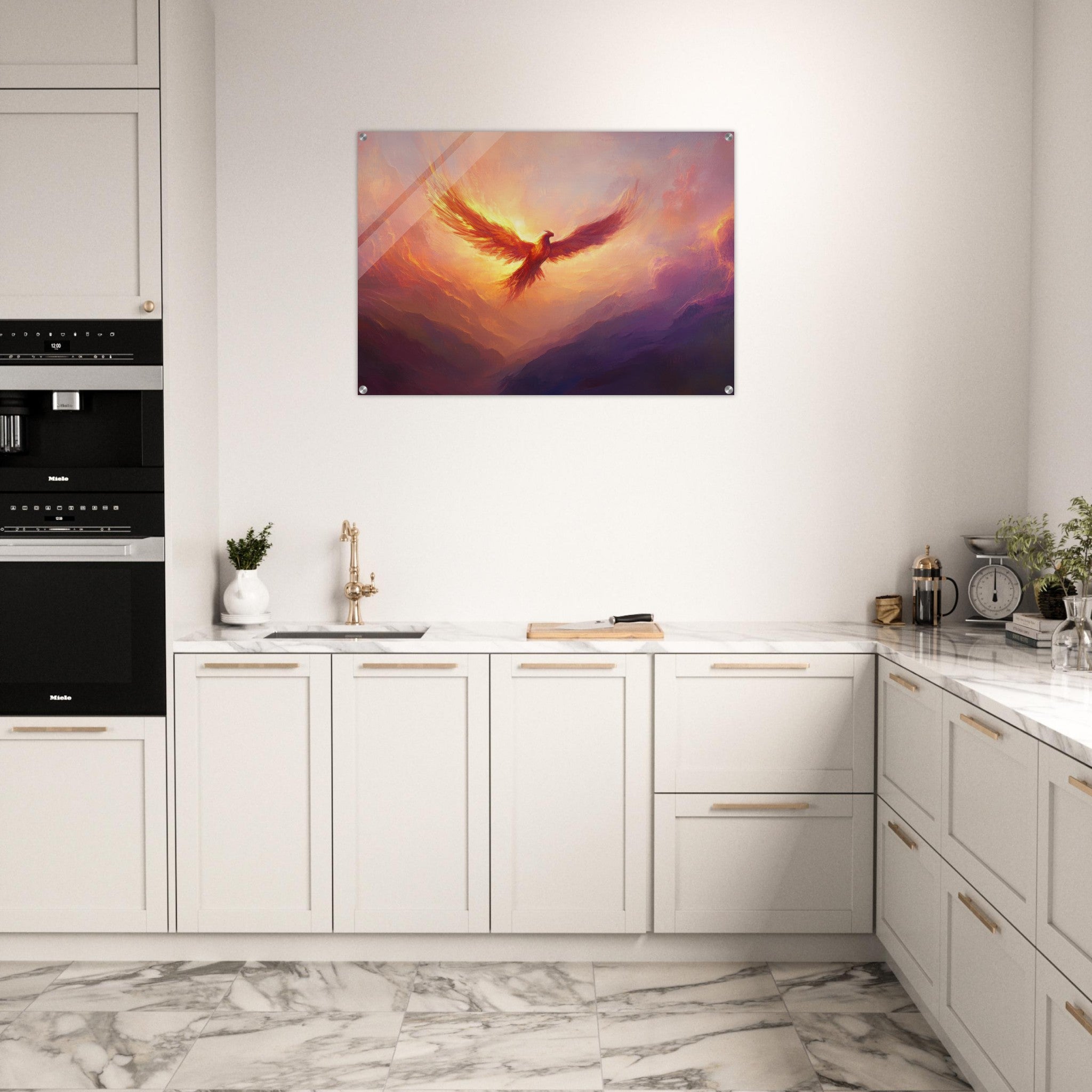 Acrylic Print Landscape - A celestial phoenix soars above a misty valley - Shop Ai Art WebShop - Digital Art online Store