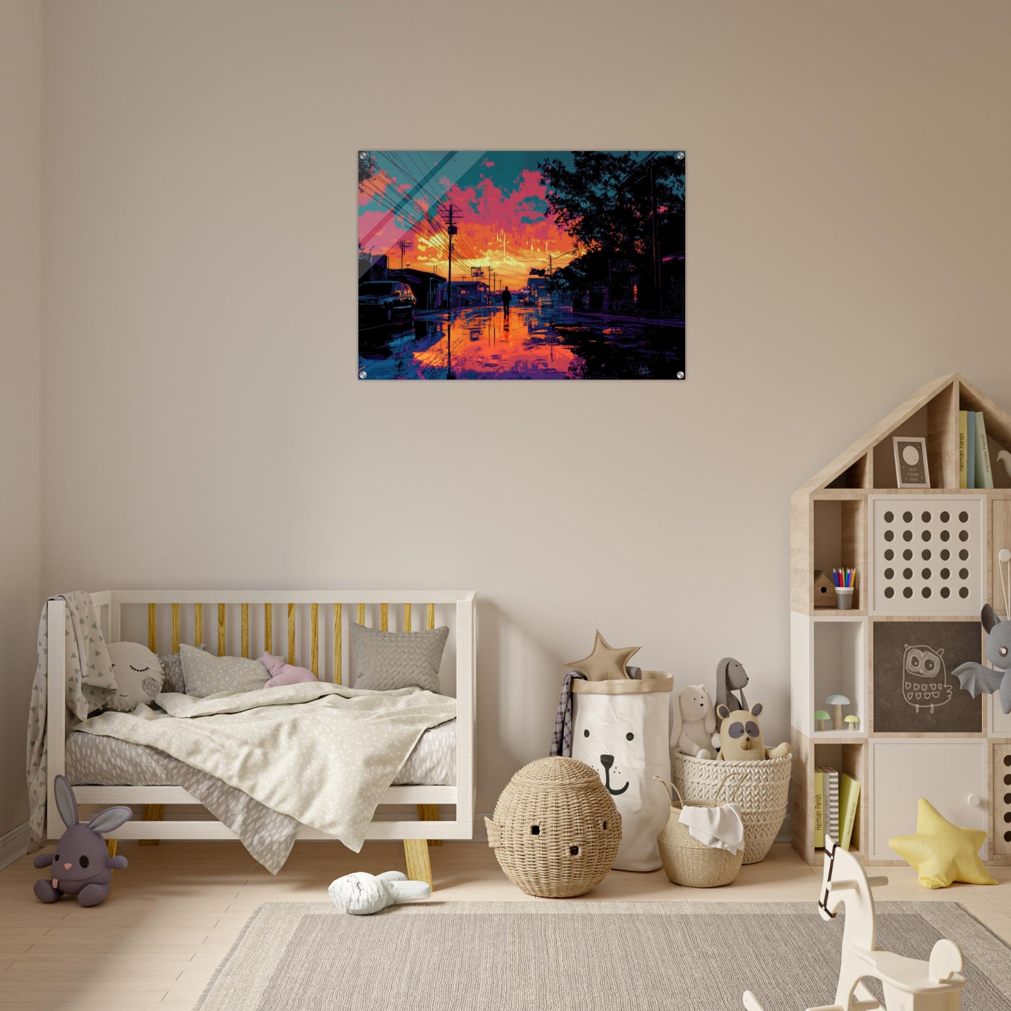 Acrylic Print Landscape - A city where neon lights create impossible rifle 3 - Ai Art Force