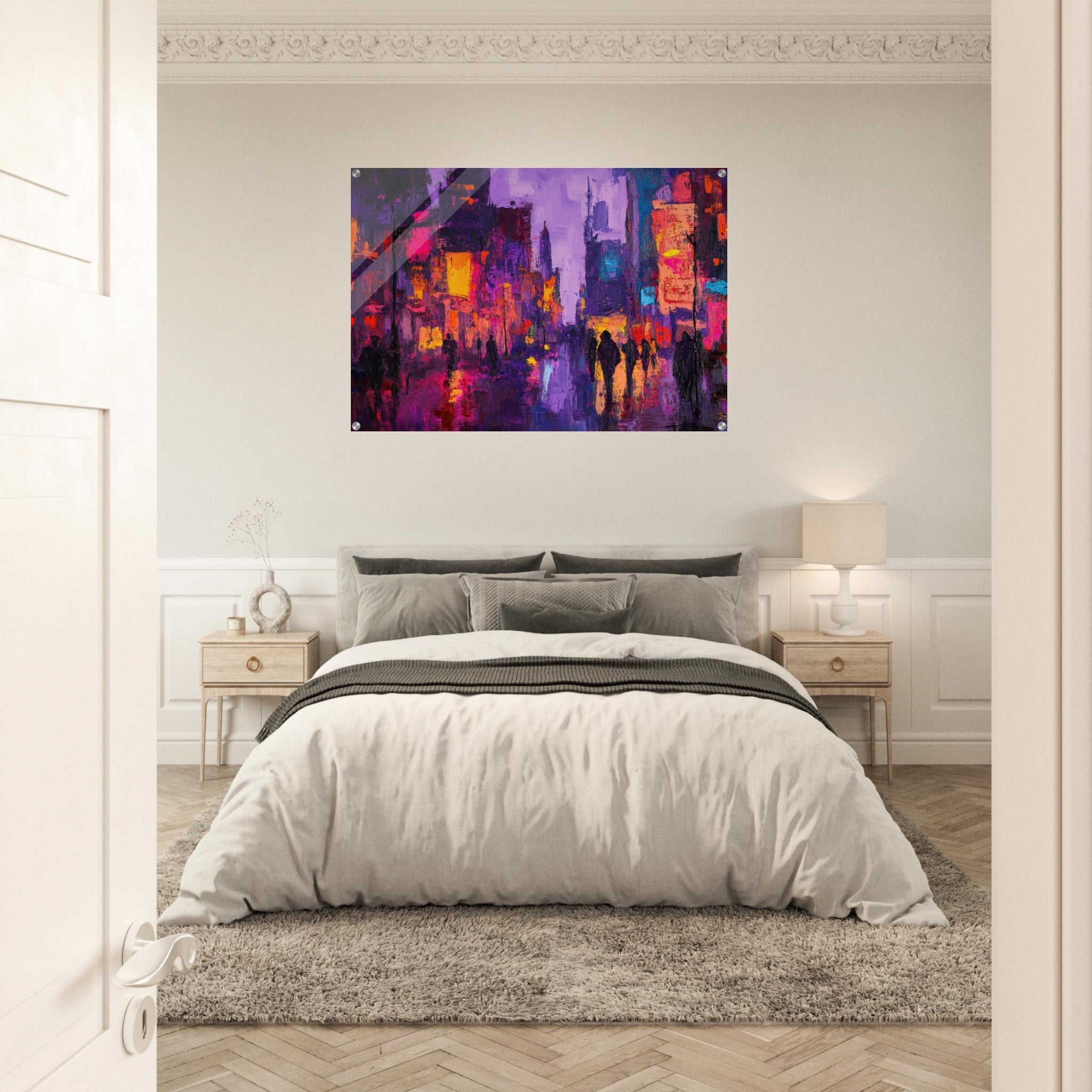Acrylic Print Landscape - A cityscape bathed in the dim glow of streetligh 3 - Shop Ai Art WebShop - Digital Art online Store
