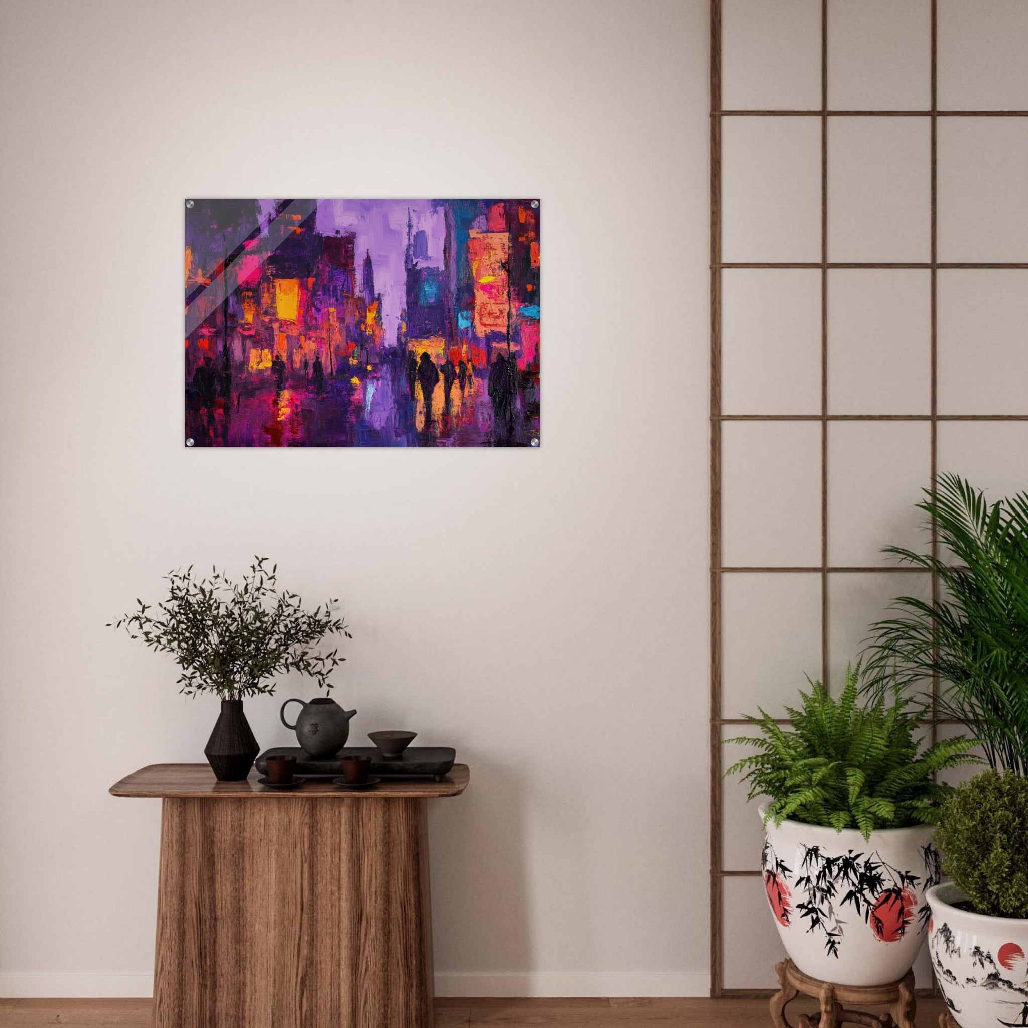 Acrylic Print Landscape - A cityscape bathed in the dim glow of streetligh 3 - Shop Ai Art WebShop - Digital Art online Store