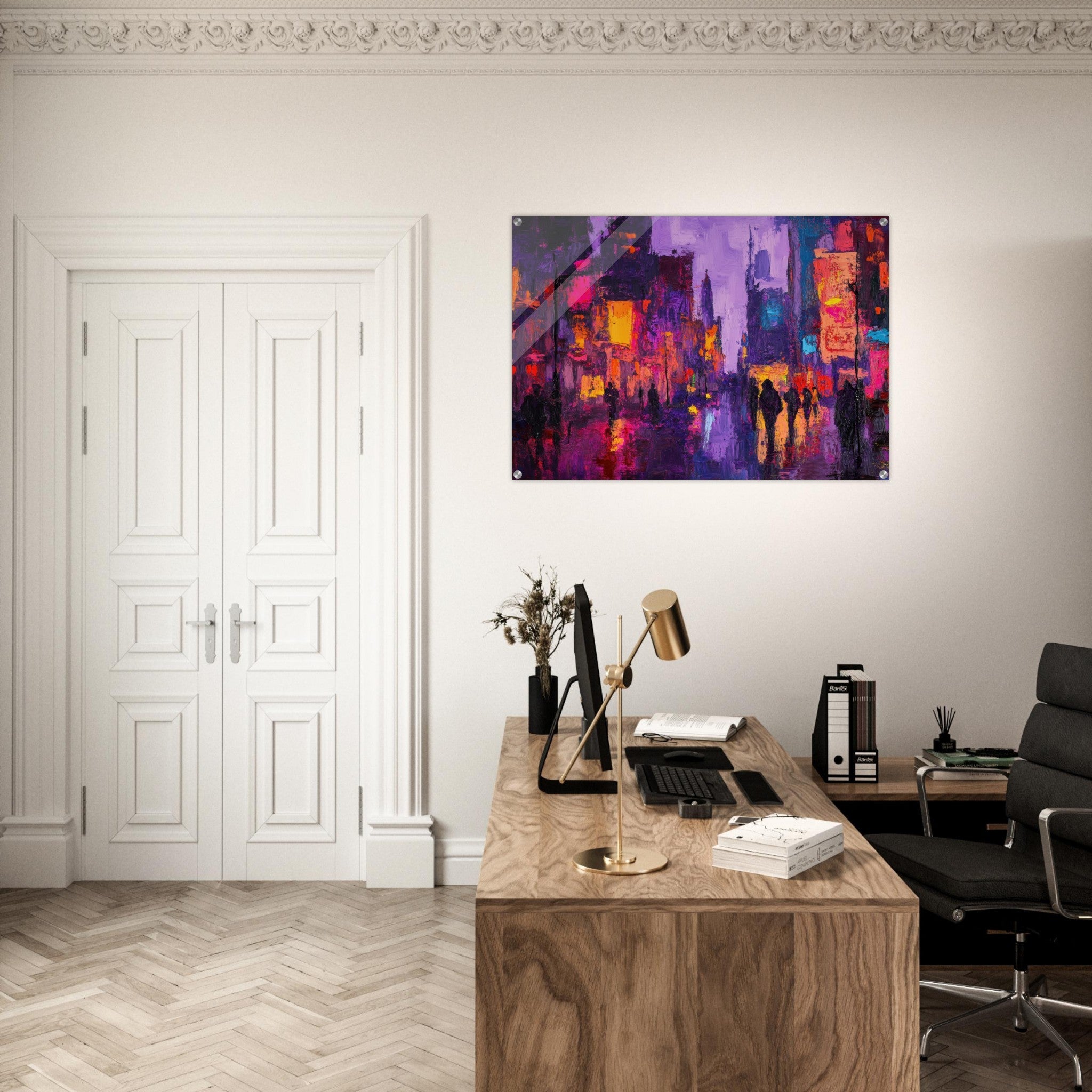 Acrylic Print Landscape - A cityscape bathed in the dim glow of streetligh 3 - Shop Ai Art WebShop - Digital Art online Store