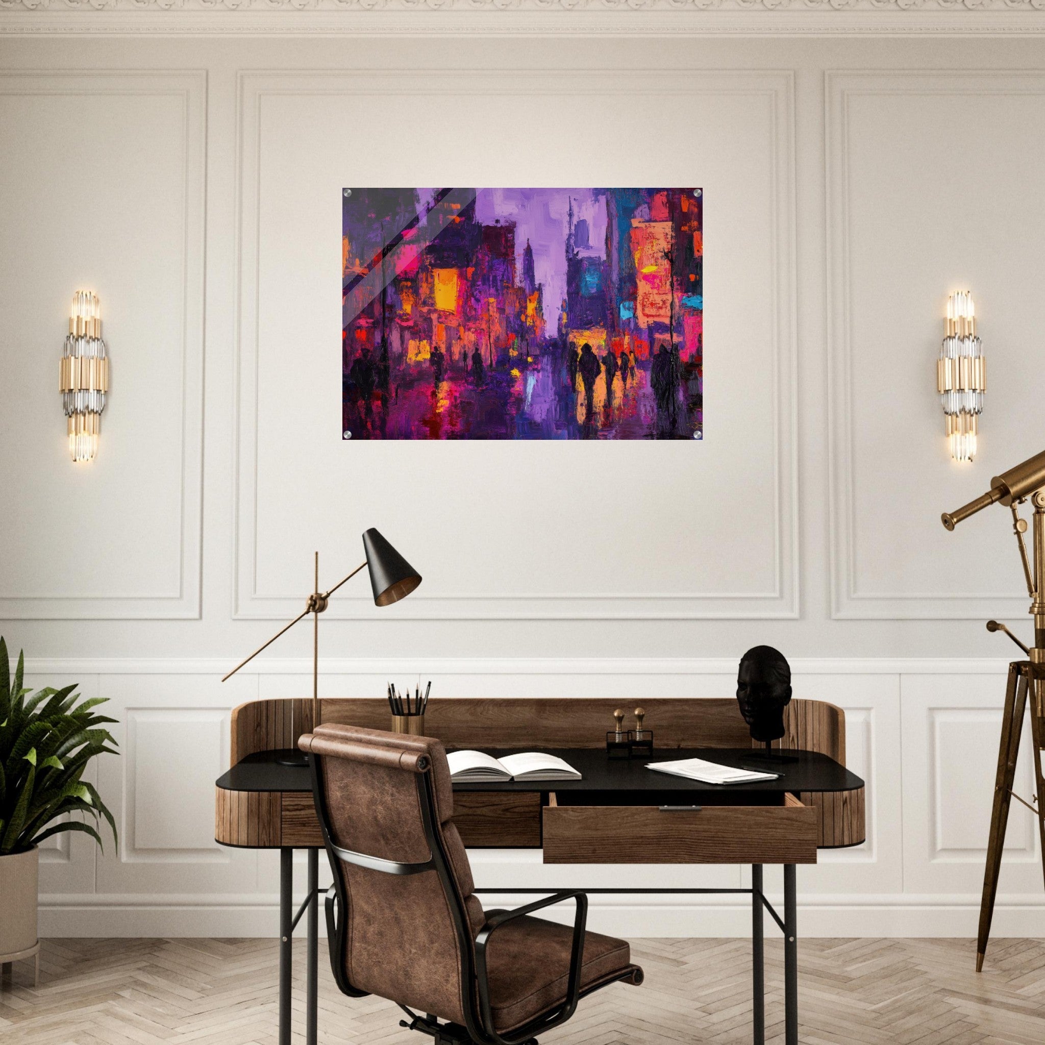 Acrylic Print Landscape - A cityscape bathed in the dim glow of streetligh 3 - Shop Ai Art WebShop - Digital Art online Store