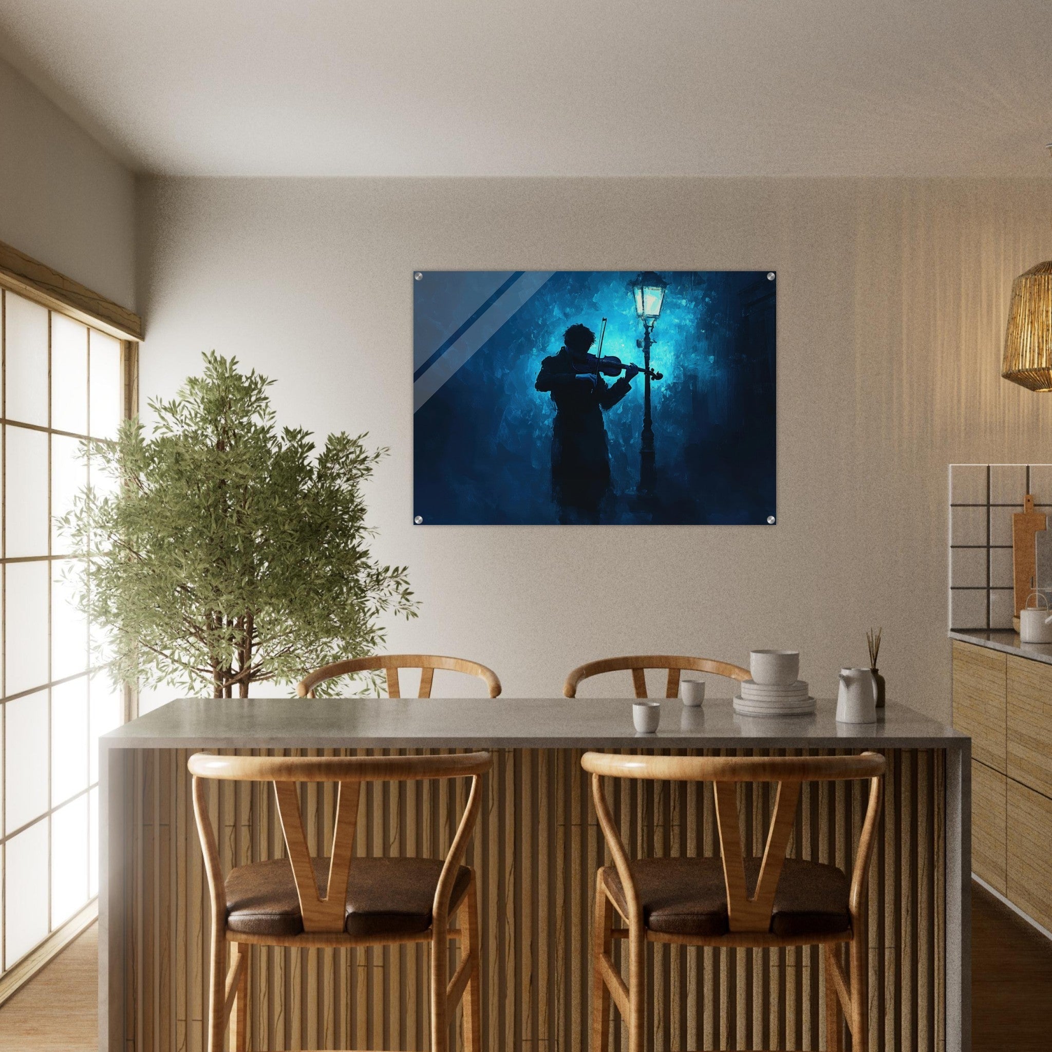 Acrylic Print Landscape - A lone violinist stands beneath a flickering sir 3 - Shop Ai Art WebShop - Digital Art online Store