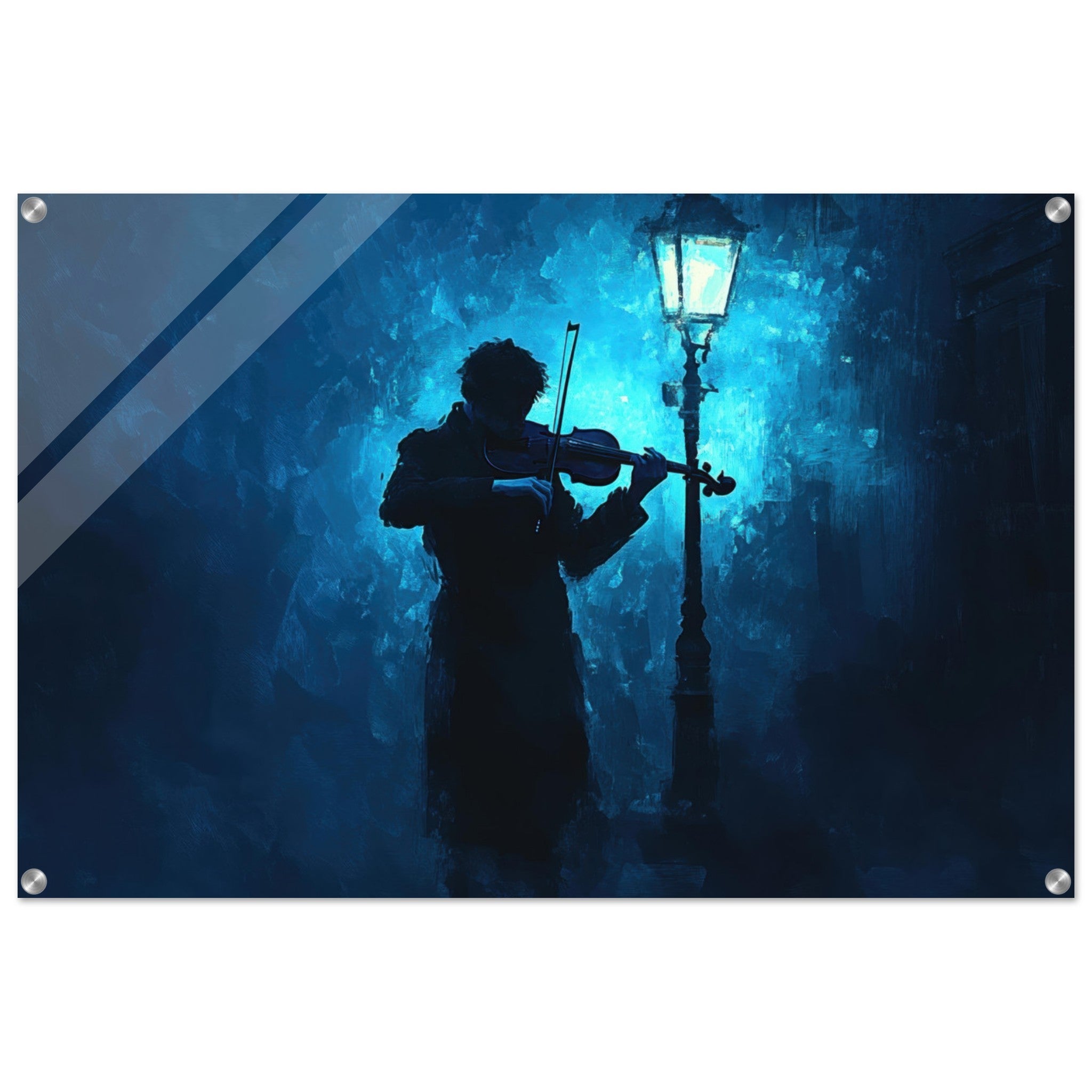 Acrylic Print Landscape - A lone violinist stands beneath a flickering sir 3 - Shop Ai Art WebShop - Digital Art online Store