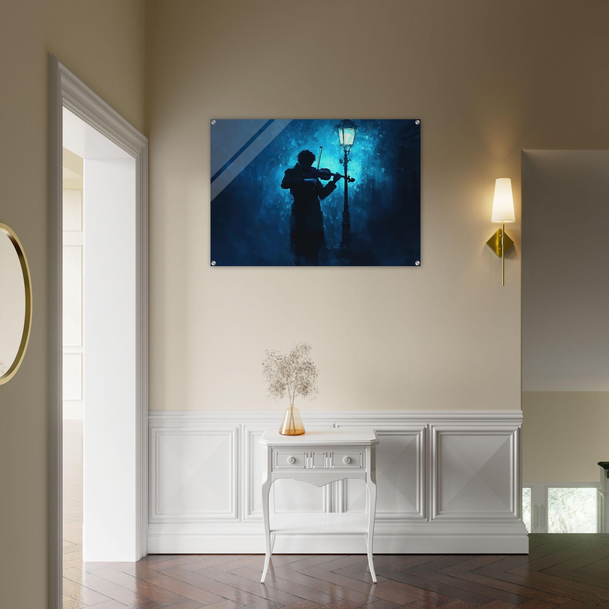 Acrylic Print Landscape - A lone violinist stands beneath a flickering sir 3 - Shop Ai Art WebShop - Digital Art online Store