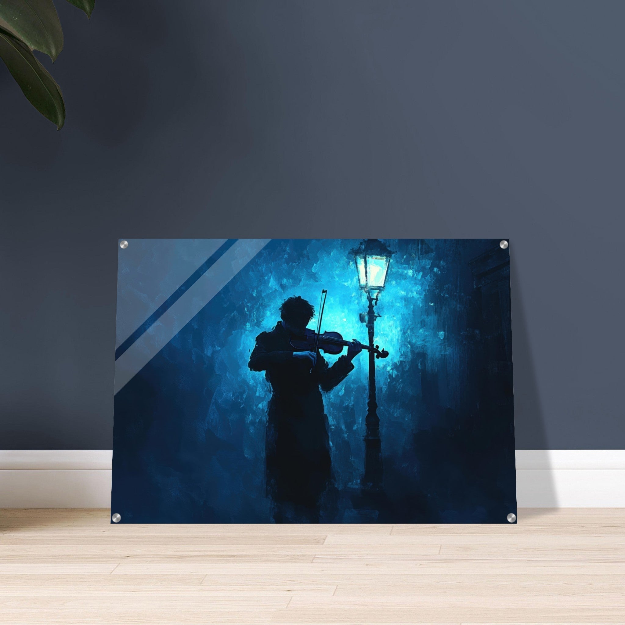 Acrylic Print Landscape - A lone violinist stands beneath a flickering sir 3 - Shop Ai Art WebShop - Digital Art online Store