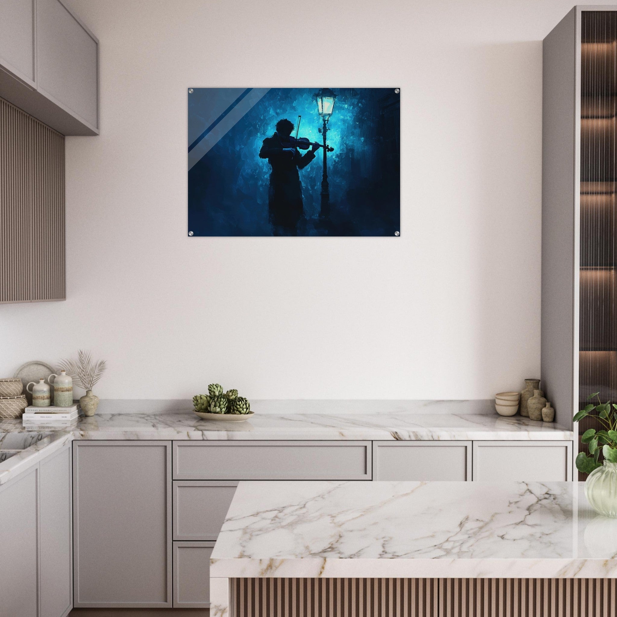 Acrylic Print Landscape - A lone violinist stands beneath a flickering sir 3 - Shop Ai Art WebShop - Digital Art online Store