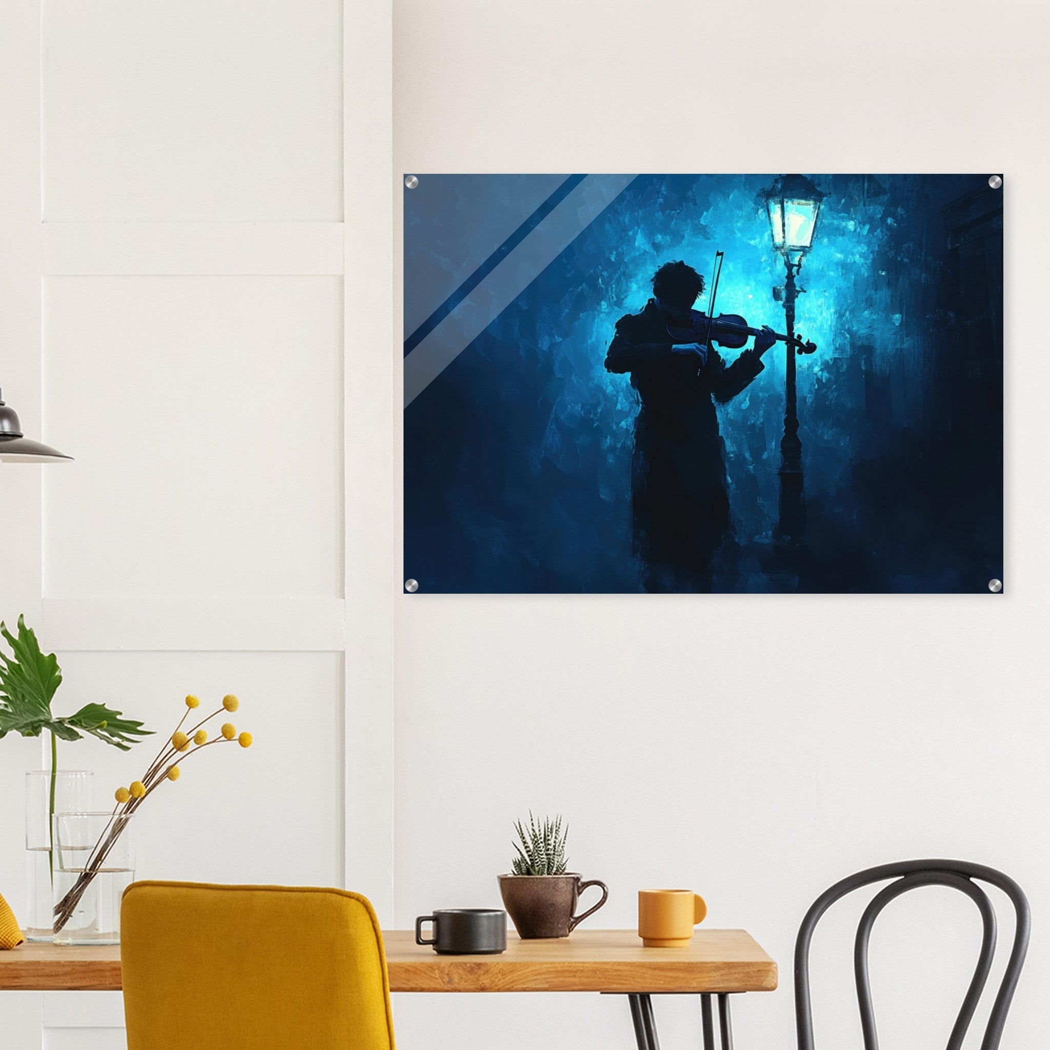 Acrylic Print Landscape - A lone violinist stands beneath a flickering sir 3 - Shop Ai Art WebShop - Digital Art online Store