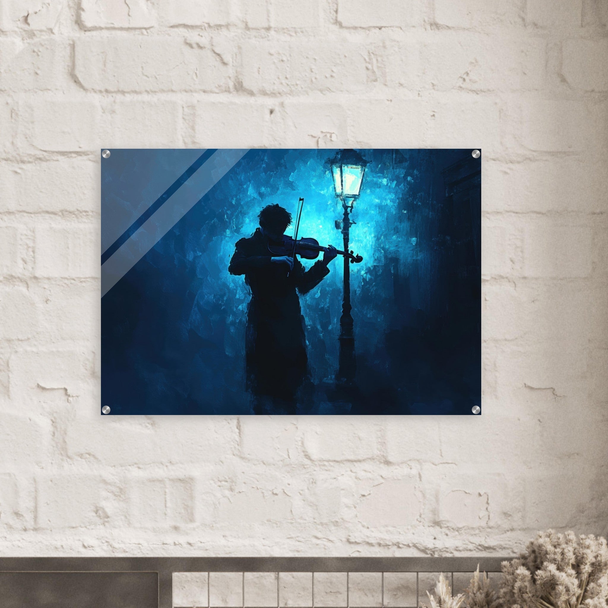 Acrylic Print Landscape - A lone violinist stands beneath a flickering sir 3 - Shop Ai Art WebShop - Digital Art online Store