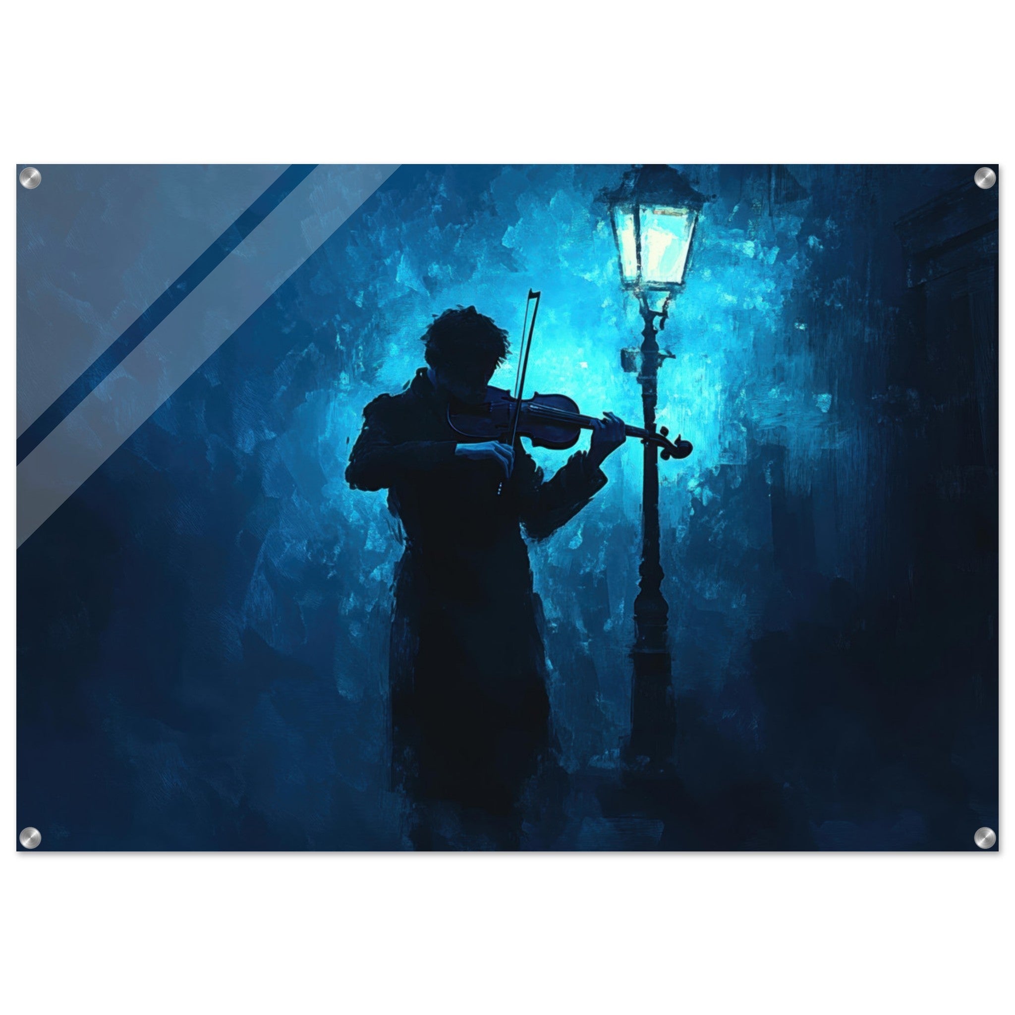 Acrylic Print Landscape - A lone violinist stands beneath a flickering sir 3 - Shop Ai Art WebShop - Digital Art online Store