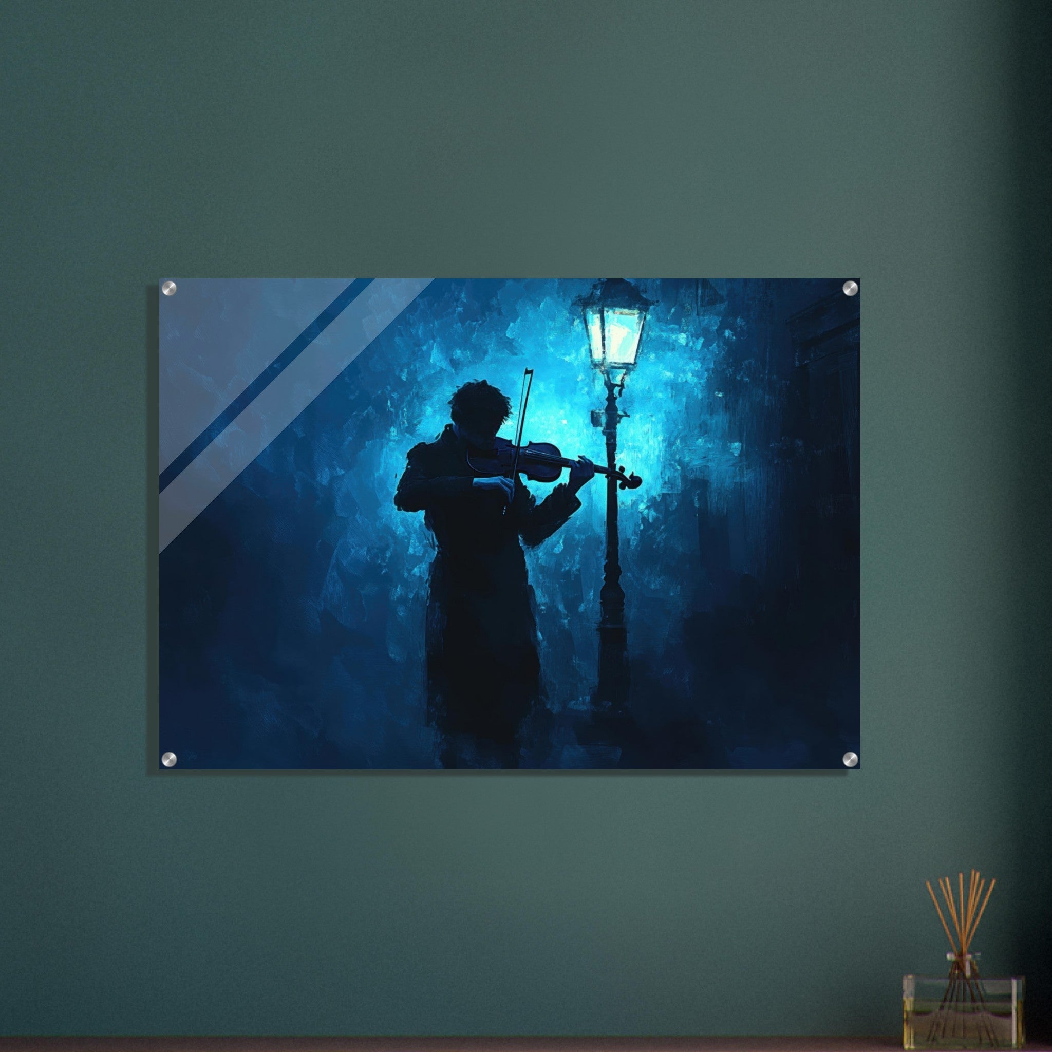 Acrylic Print Landscape - A lone violinist stands beneath a flickering sir 3 - Shop Ai Art WebShop - Digital Art online Store