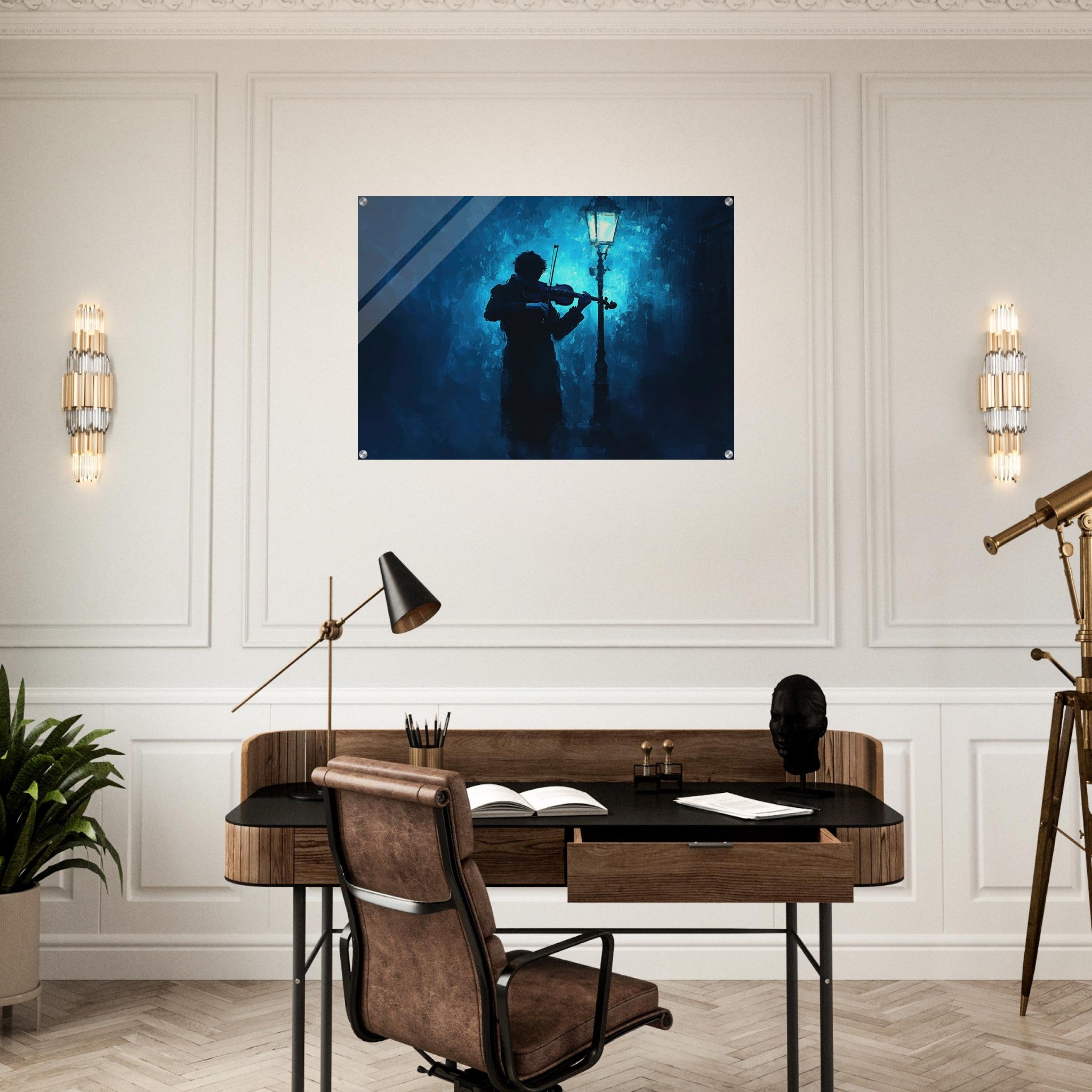 Acrylic Print Landscape - A lone violinist stands beneath a flickering sir 3 - Shop Ai Art WebShop - Digital Art online Store