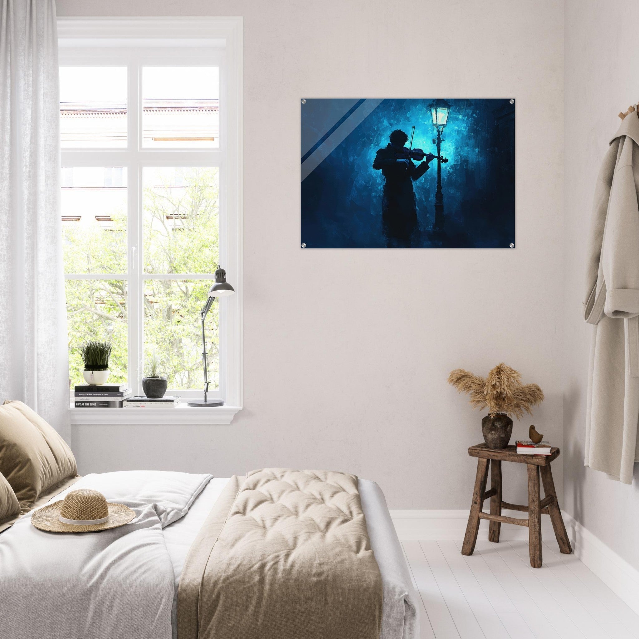 Acrylic Print Landscape - A lone violinist stands beneath a flickering sir 3 - Shop Ai Art WebShop - Digital Art online Store