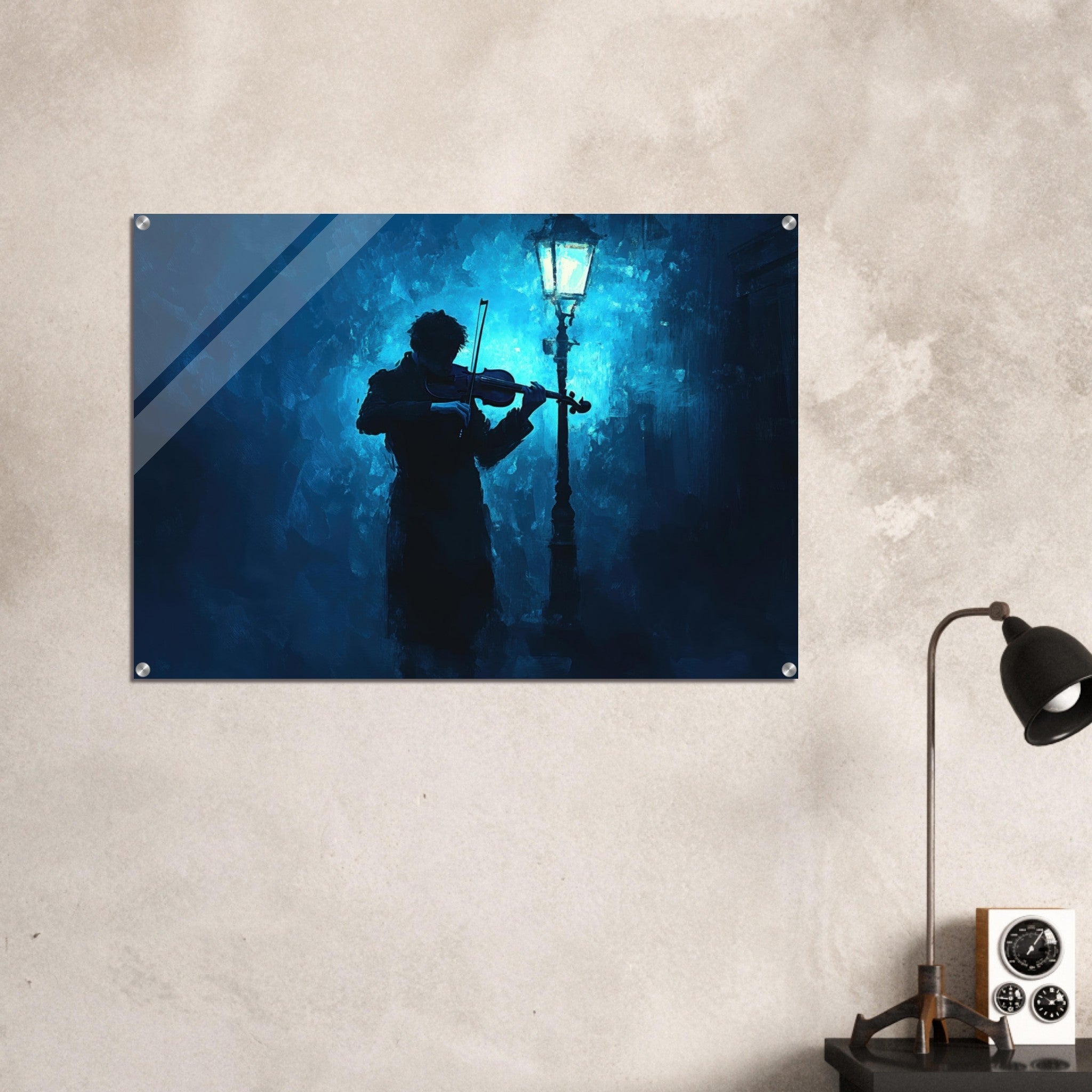 Acrylic Print Landscape - A lone violinist stands beneath a flickering sir 3 - Shop Ai Art WebShop - Digital Art online Store