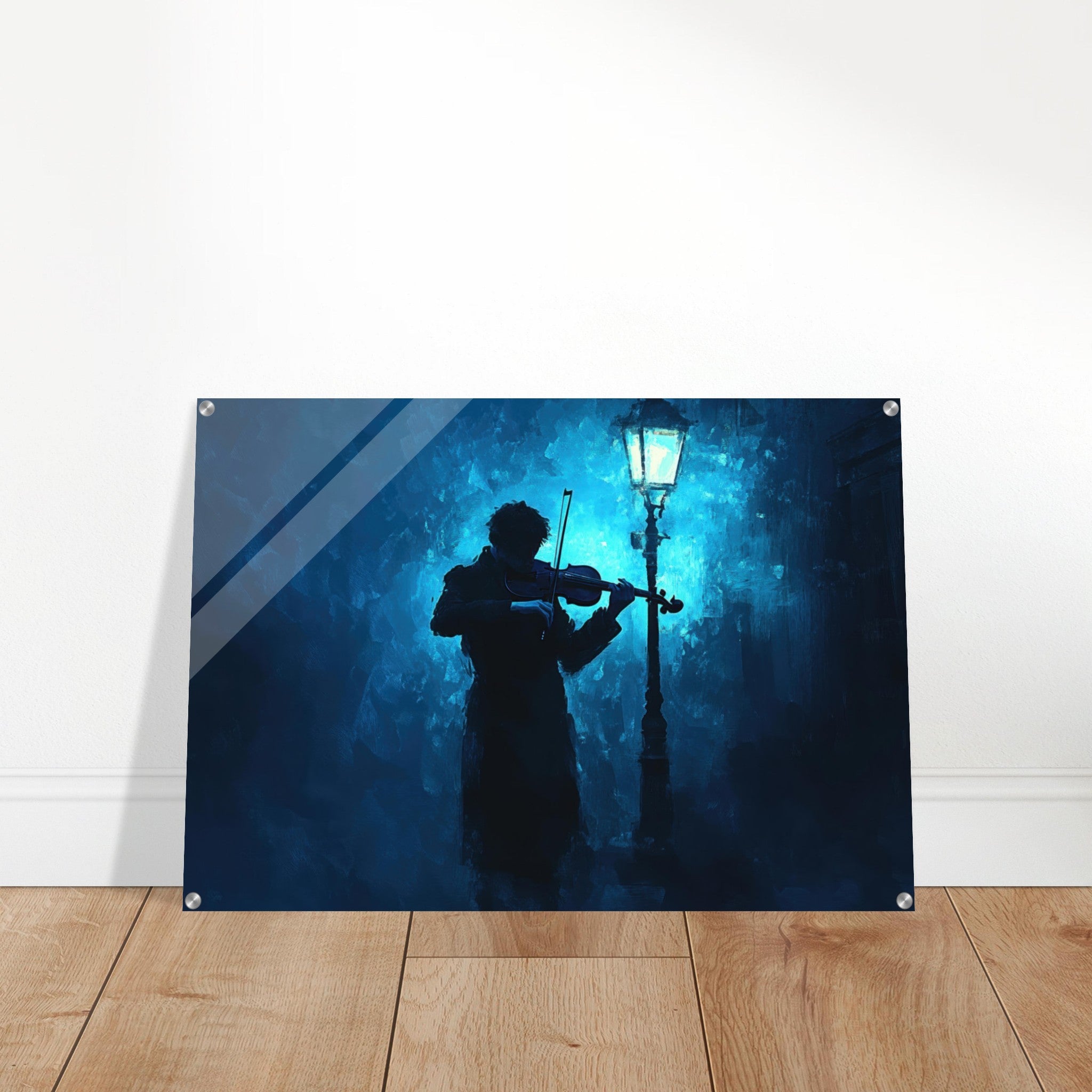 Acrylic Print Landscape - A lone violinist stands beneath a flickering sir 3 - Shop Ai Art WebShop - Digital Art online Store
