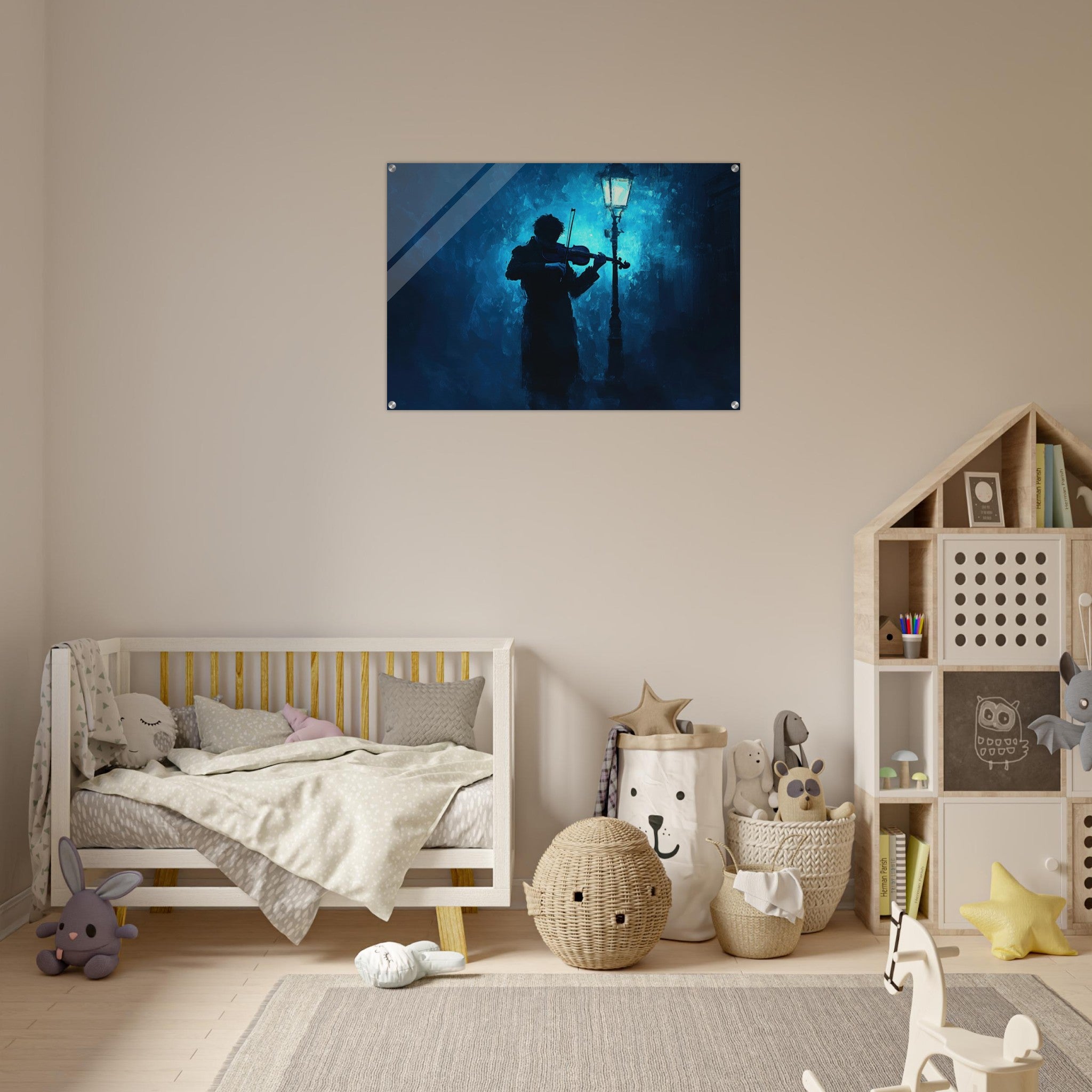 Acrylic Print Landscape - A lone violinist stands beneath a flickering sir 3 - Shop Ai Art WebShop - Digital Art online Store