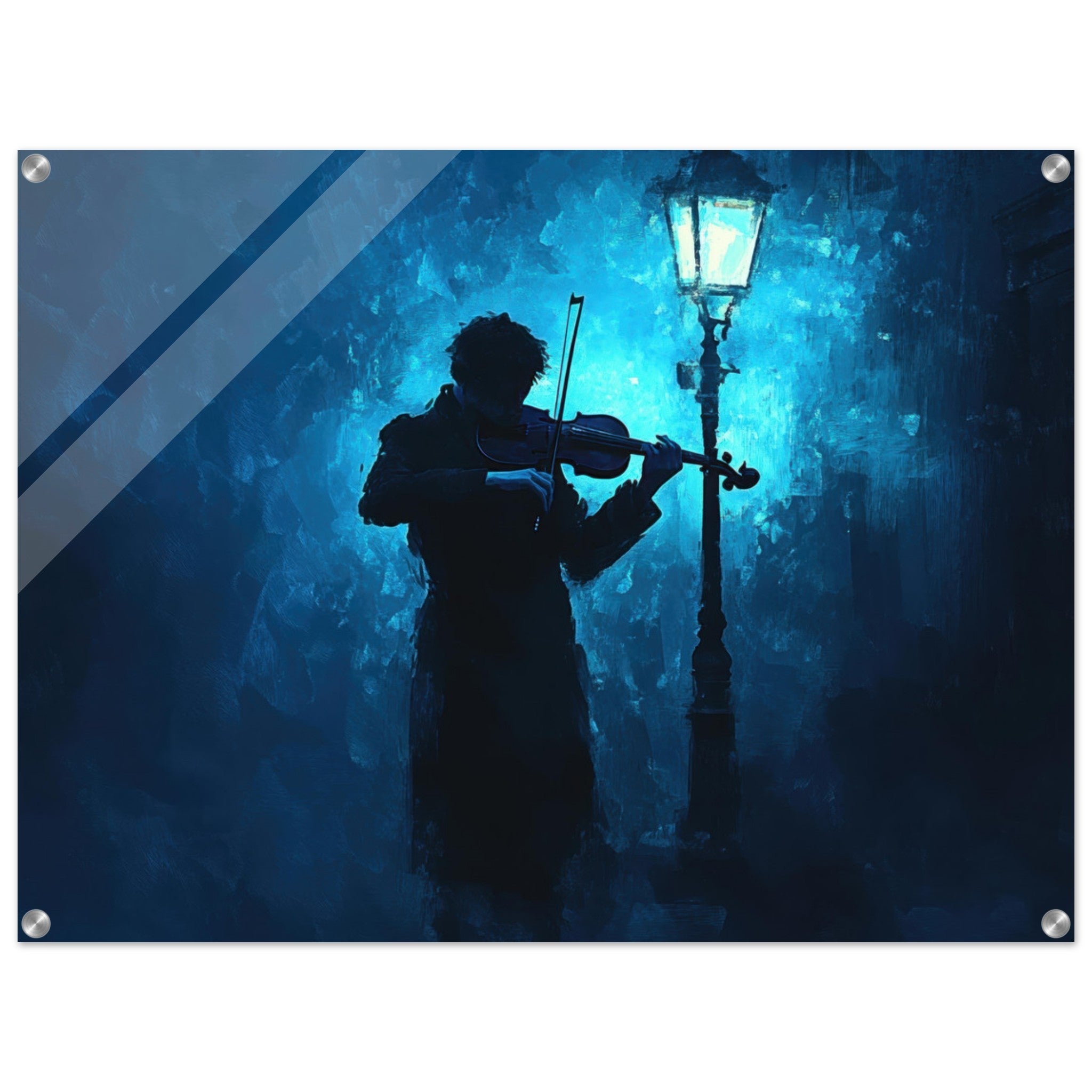 Acrylic Print Landscape - A lone violinist stands beneath a flickering sir 3 - Shop Ai Art WebShop - Digital Art online Store