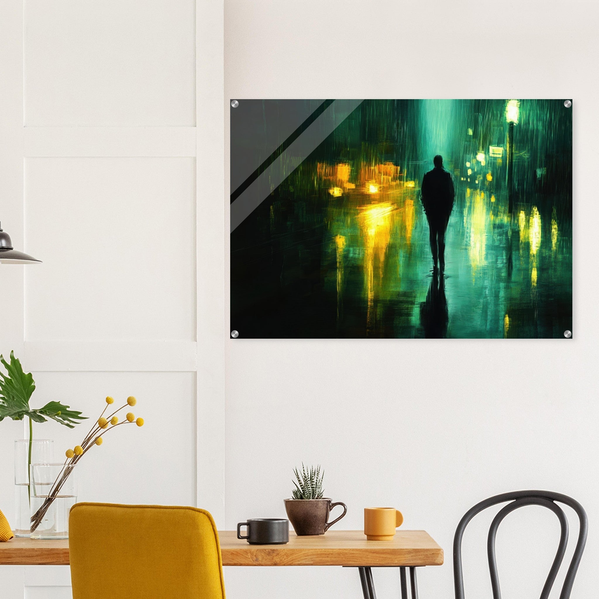 Acrylic Print Landscape - A man walks alone in the pouring rain his figure - Ai Art Force