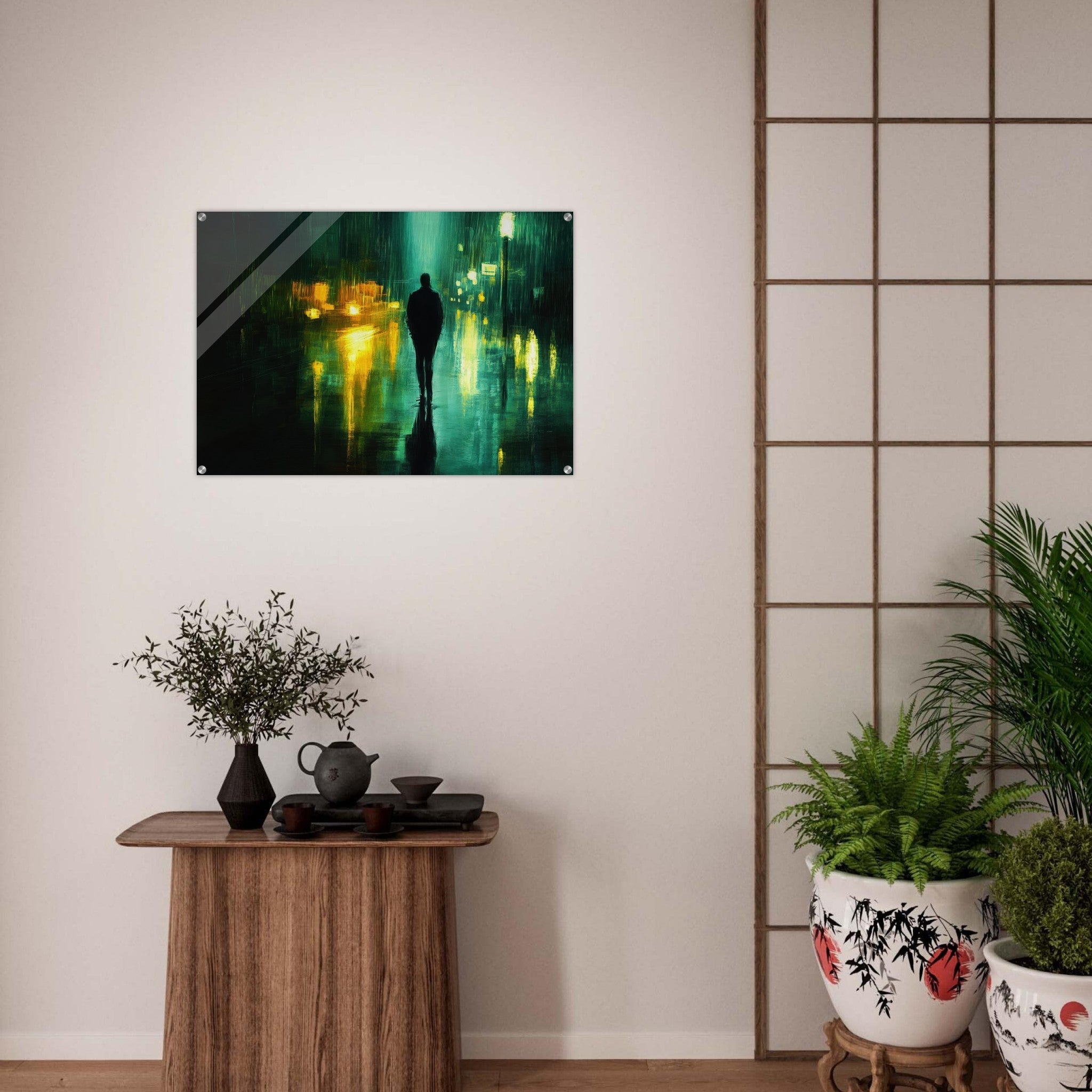 Acrylic Print Landscape - A man walks alone in the pouring rain his figure - Ai Art Force