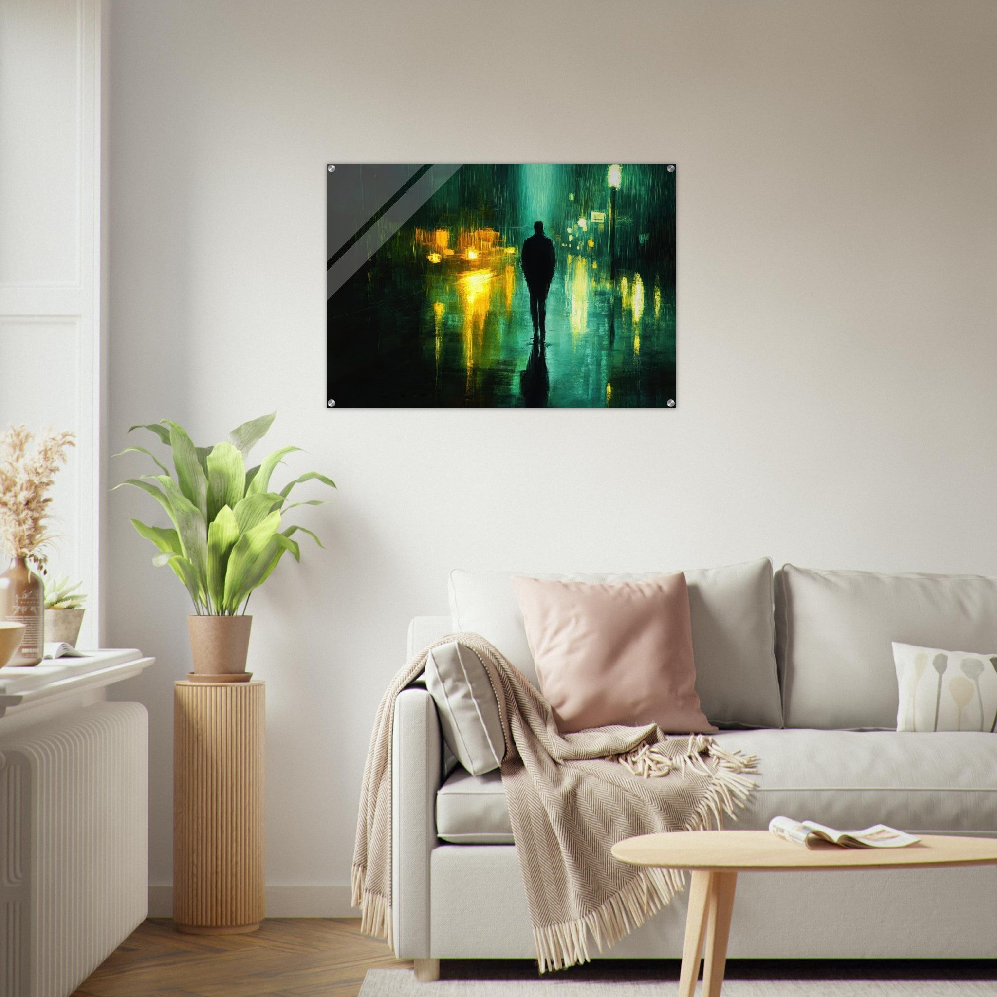 Acrylic Print Landscape - A man walks alone in the pouring rain his figure - Ai Art Force