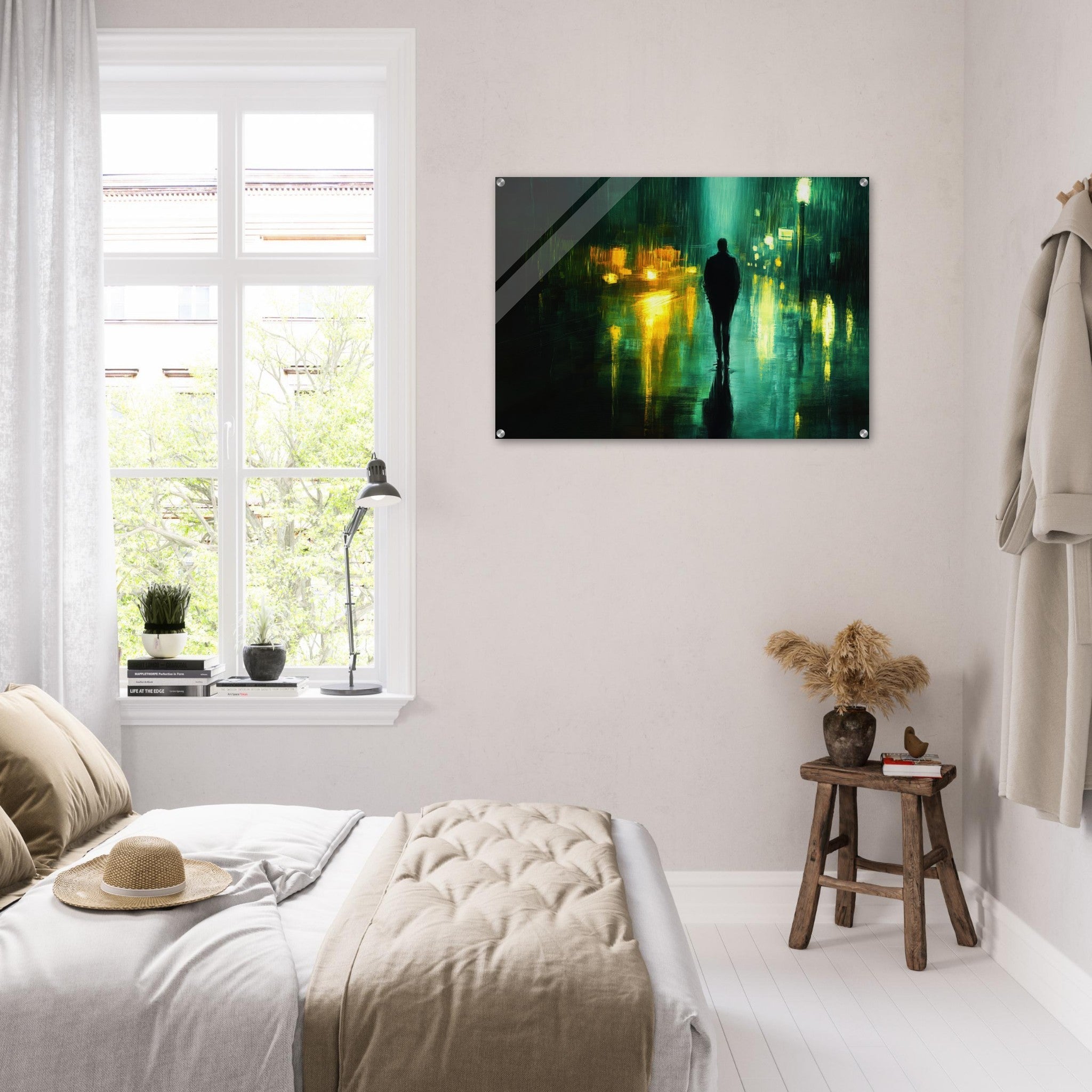 Acrylic Print Landscape - A man walks alone in the pouring rain his figure - Ai Art Force