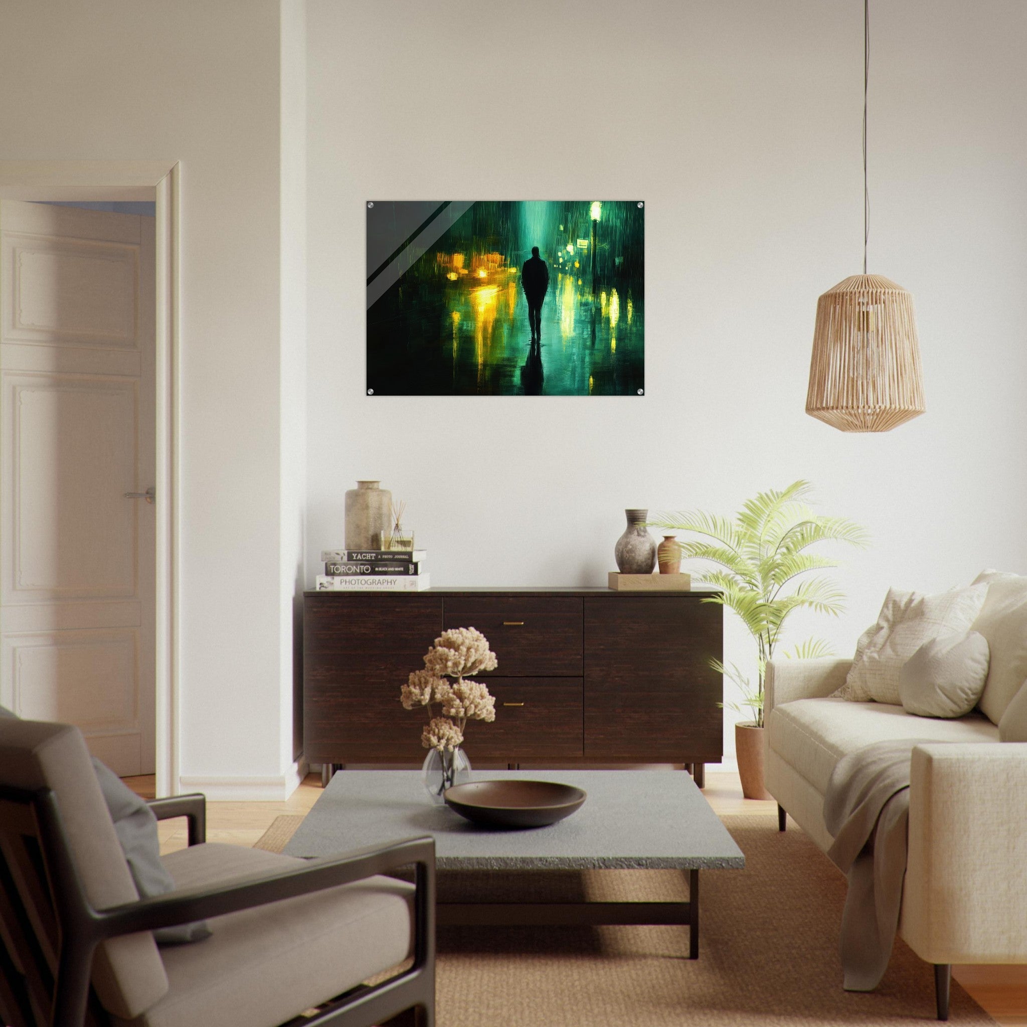 Acrylic Print Landscape - A man walks alone in the pouring rain his figure - Ai Art Force