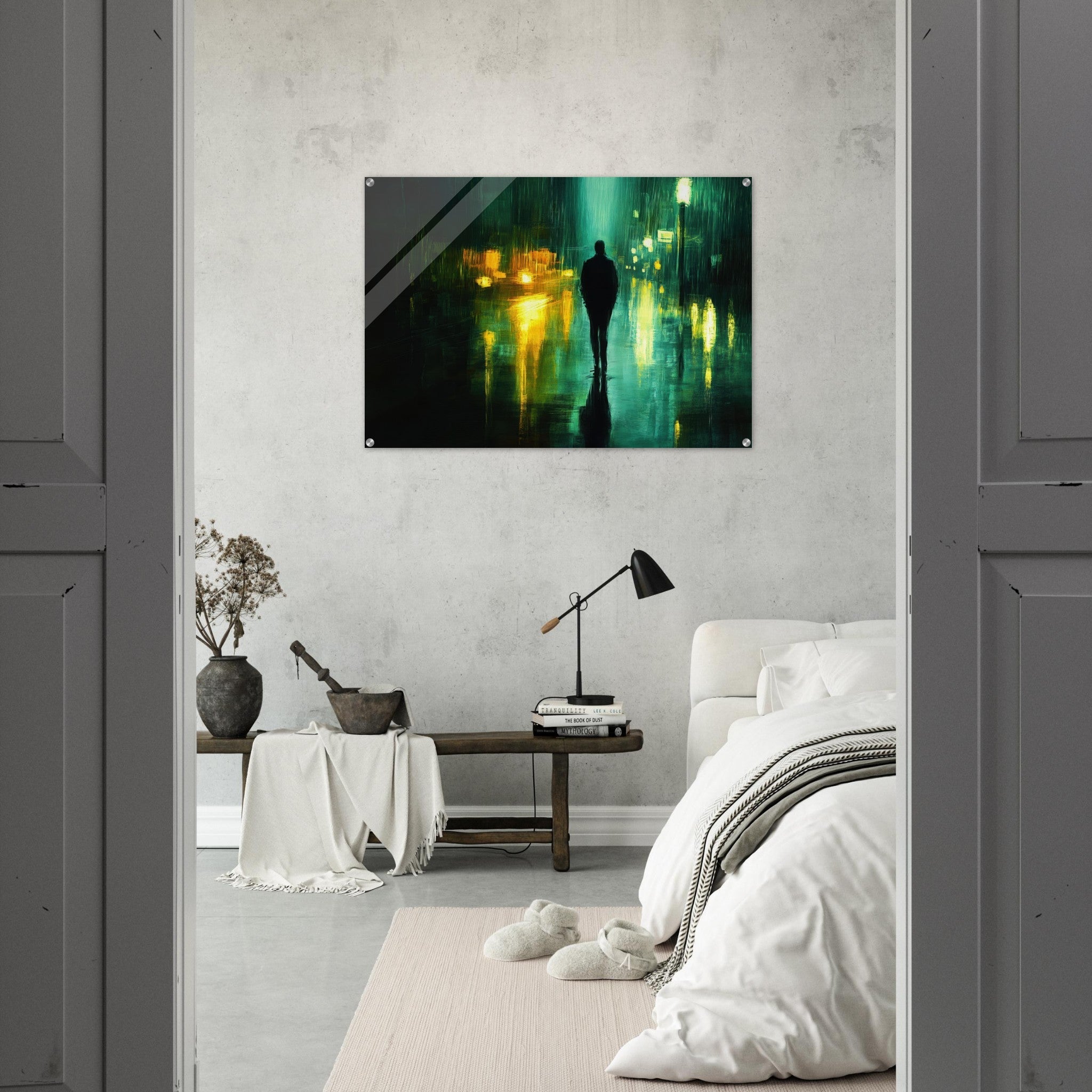 Acrylic Print Landscape - A man walks alone in the pouring rain his figure - Ai Art Force