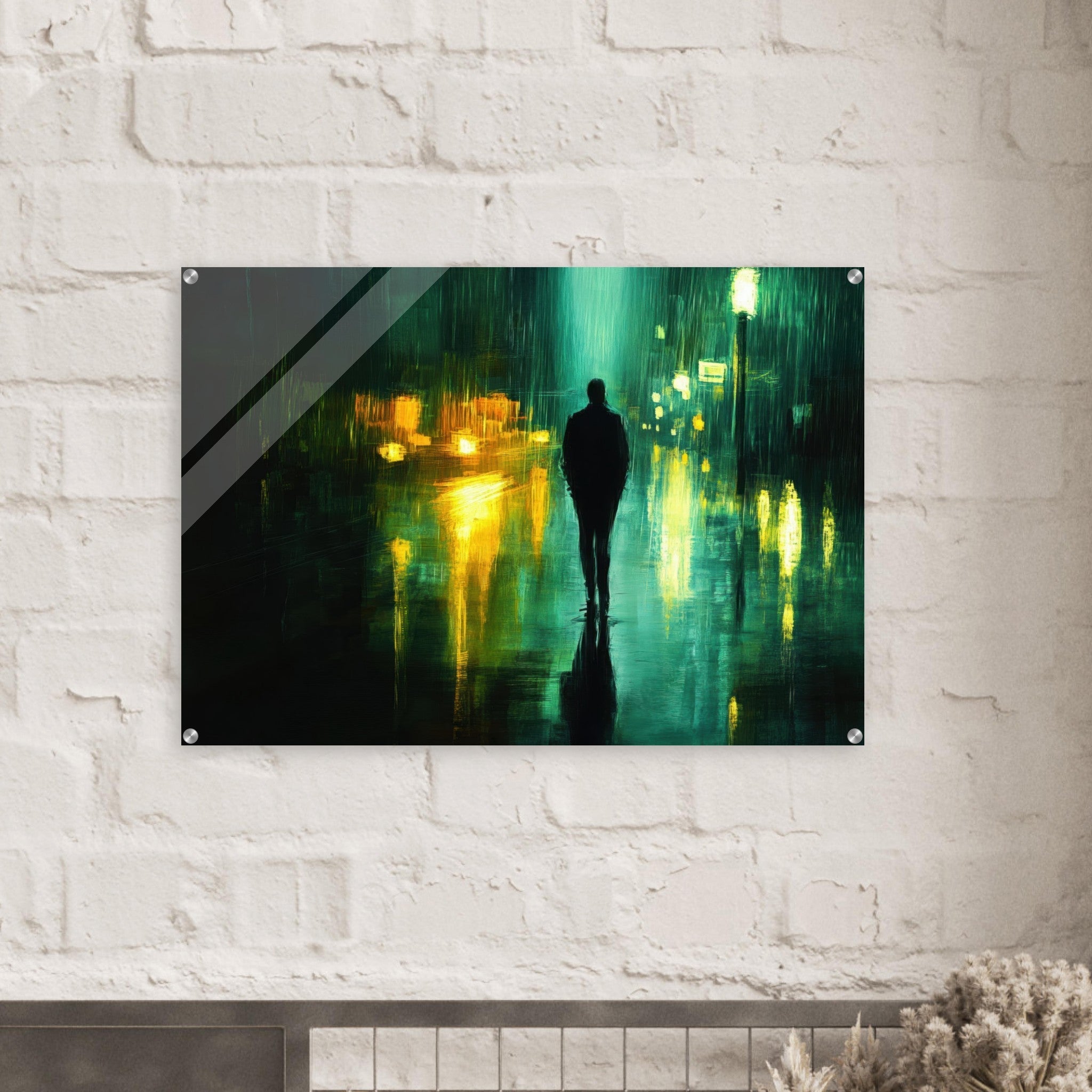 Acrylic Print Landscape - A man walks alone in the pouring rain his figure - Ai Art Force
