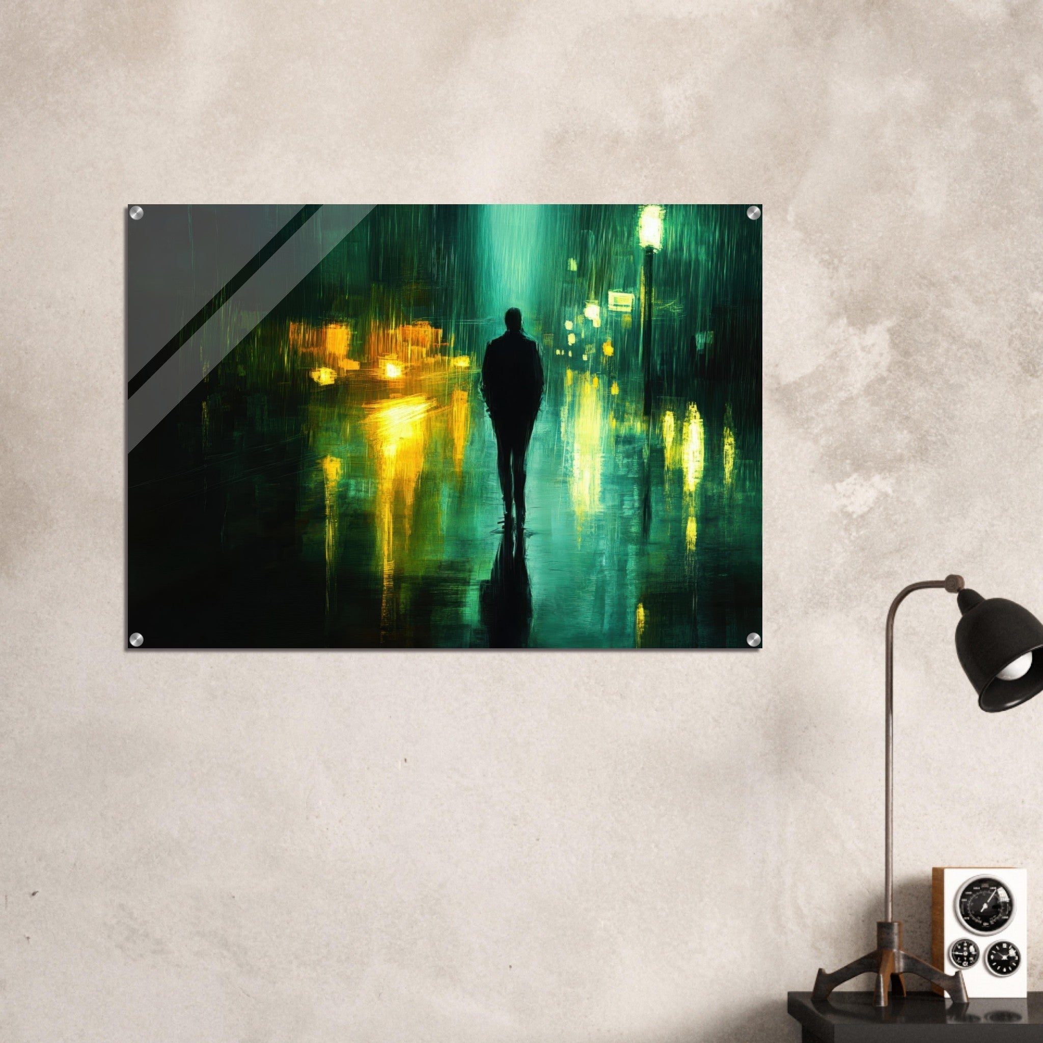 Acrylic Print Landscape - A man walks alone in the pouring rain his figure - Ai Art Force