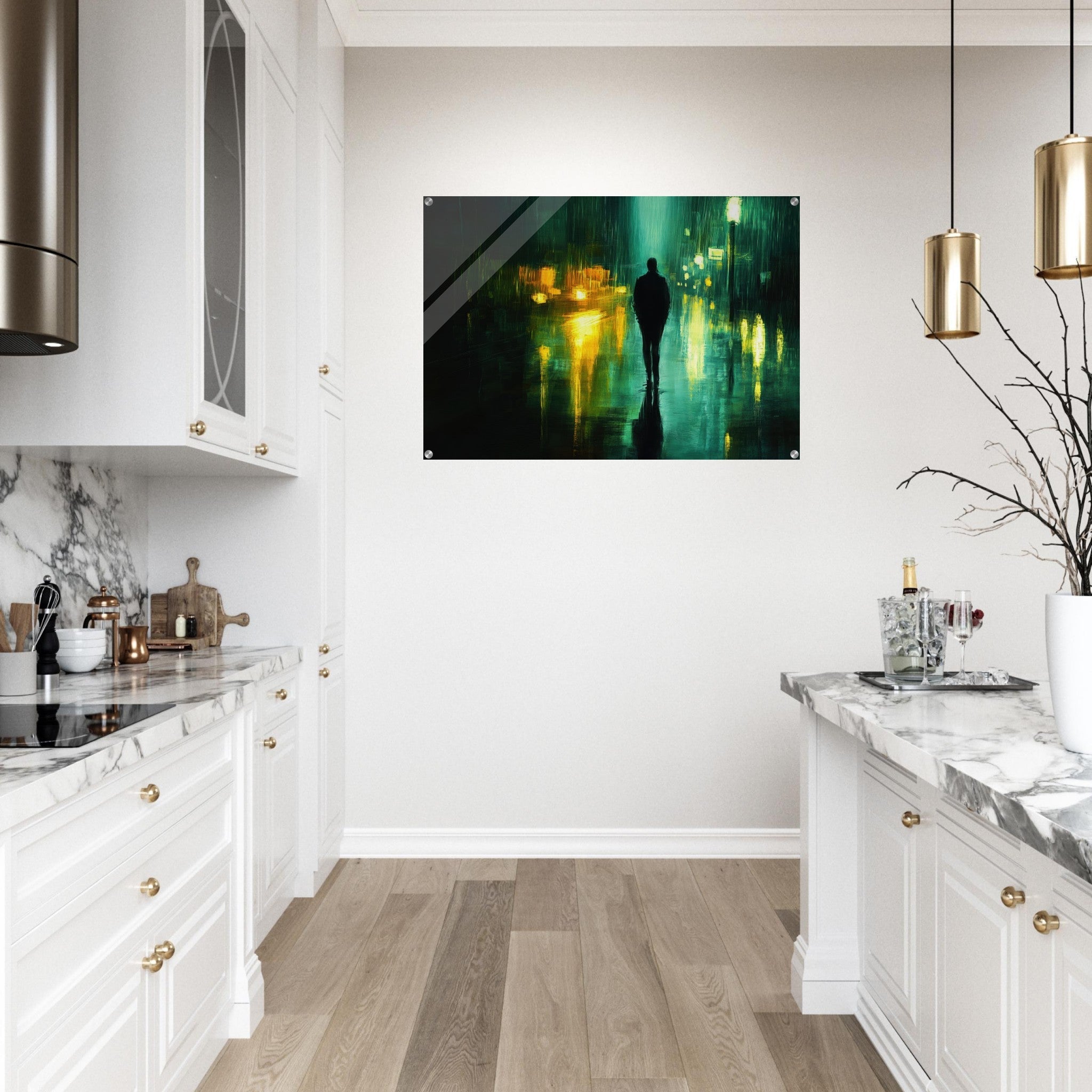 Acrylic Print Landscape - A man walks alone in the pouring rain his figure - Ai Art Force