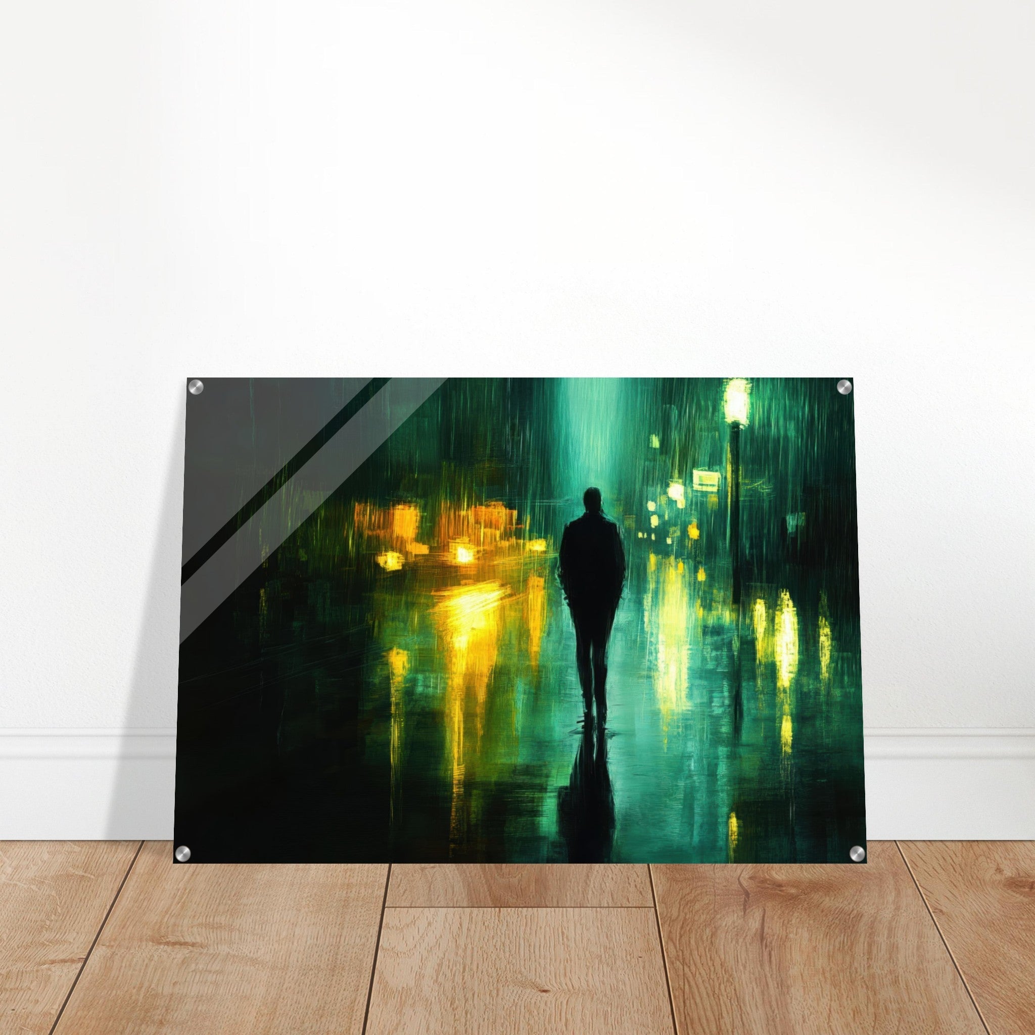 Acrylic Print Landscape - A man walks alone in the pouring rain his figure - Ai Art Force
