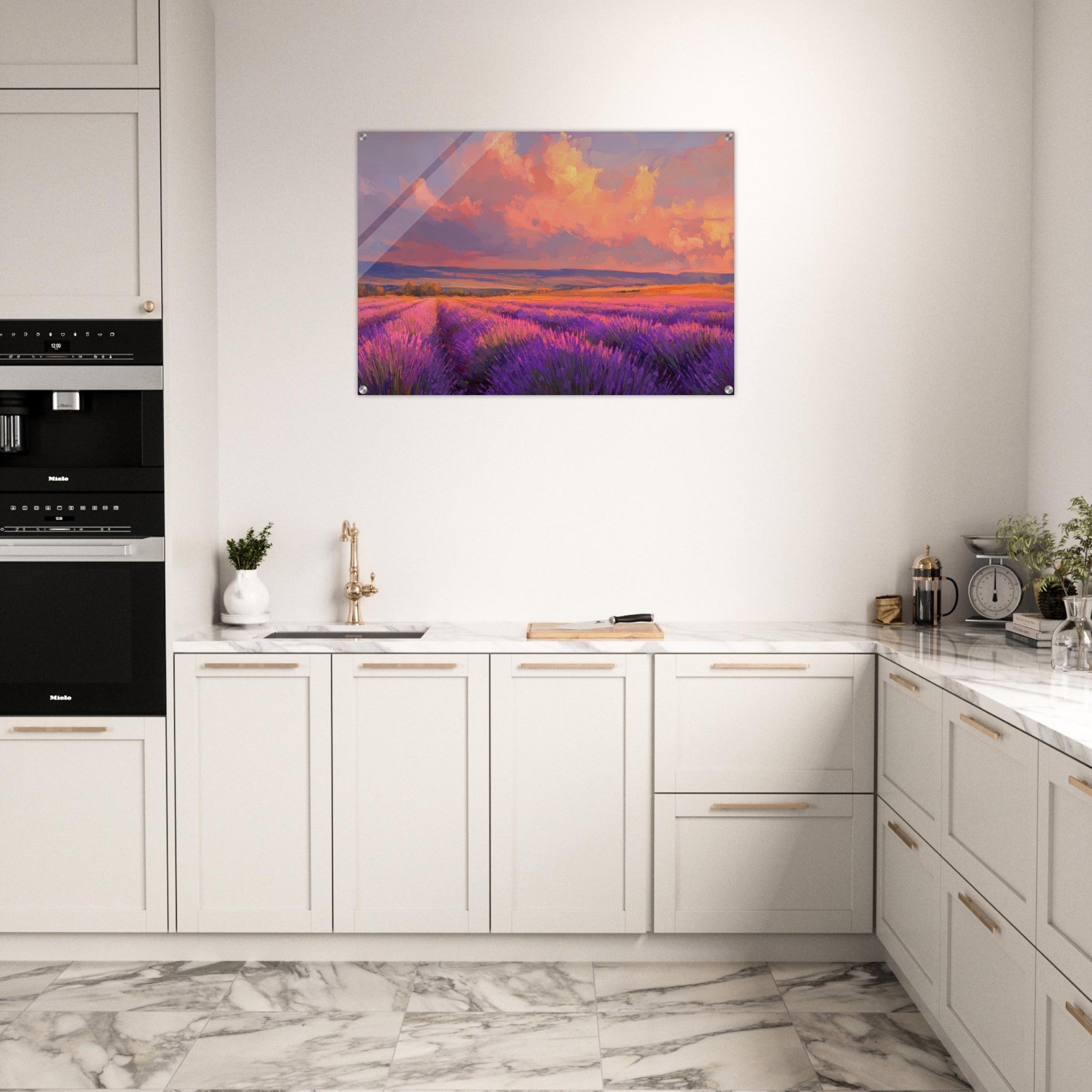 Acrylic Print Landscape - Rolling lavender fields under a pink - hued sunset - Shop Ai Art WebShop - Digital Art online Store