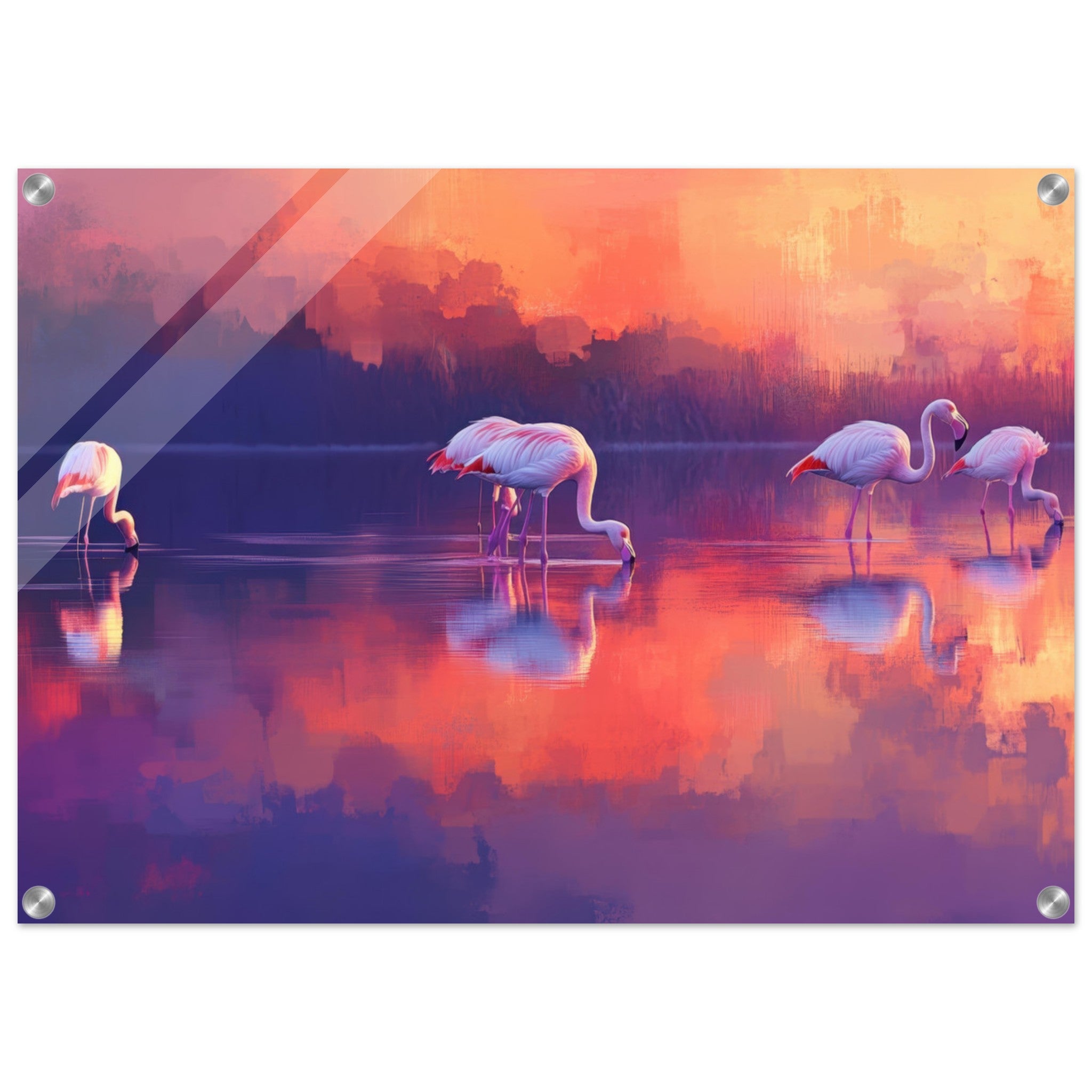 Acrylic Print Landscape - Surreal Flamingo Lake at Sunset Graceful flaming 2 - Shop Ai Art WebShop - Digital Art online Store
