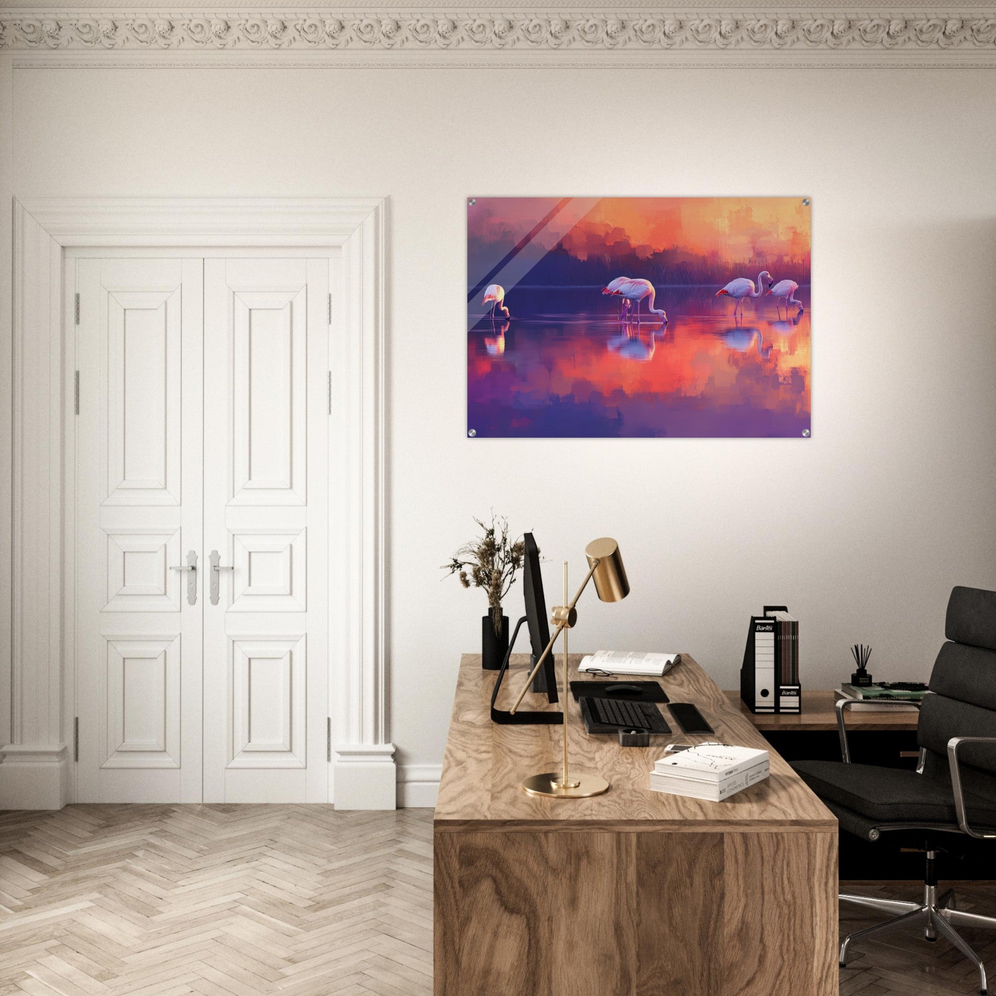 Acrylic Print Landscape - Surreal Flamingo Lake at Sunset Graceful flaming 2 - Shop Ai Art WebShop - Digital Art online Store